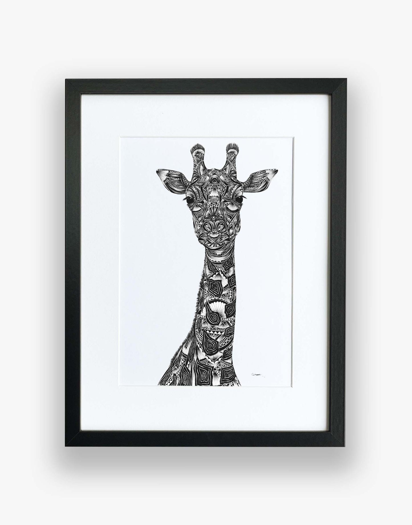 Monochrome giraffe limited edition artwork, hand drawn in pen and ink by Pia Elliot in her Dorset studio