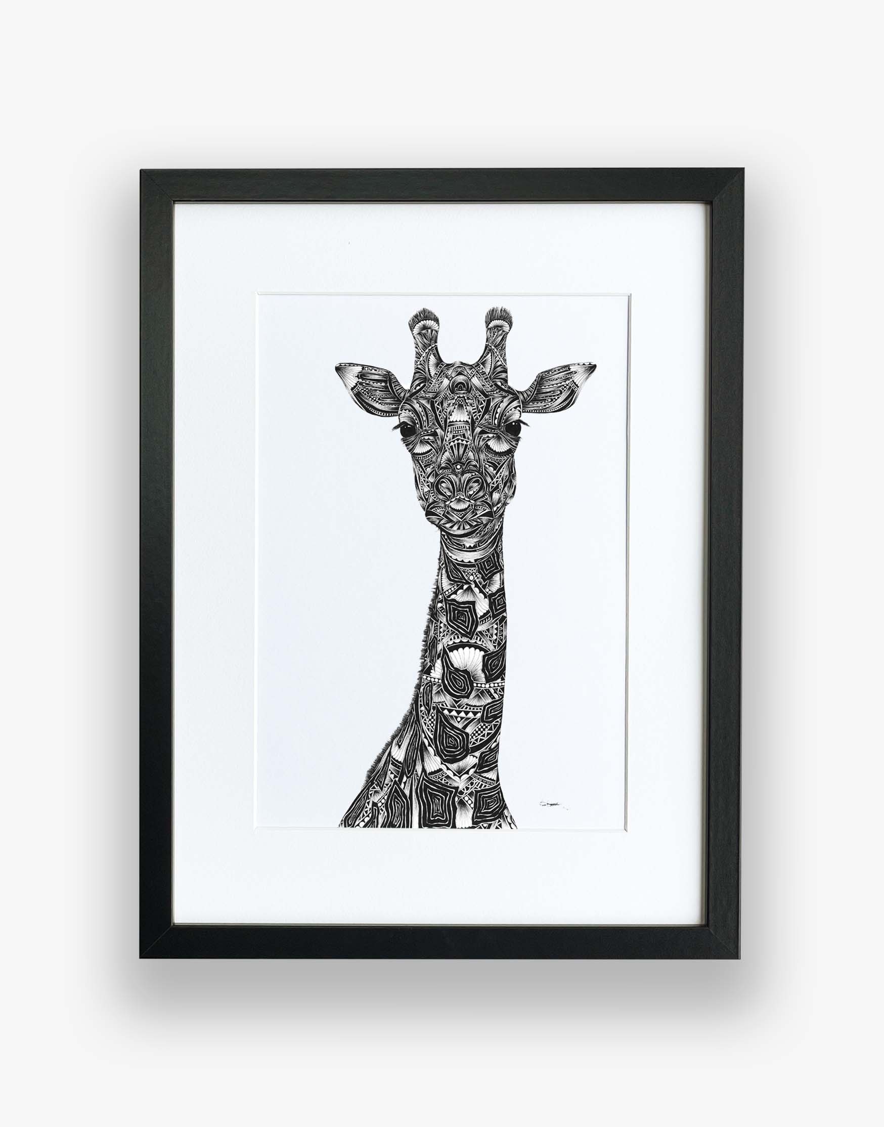 Monochrome giraffe limited edition artwork, hand drawn in pen and ink by Pia Elliot in her Dorset studio