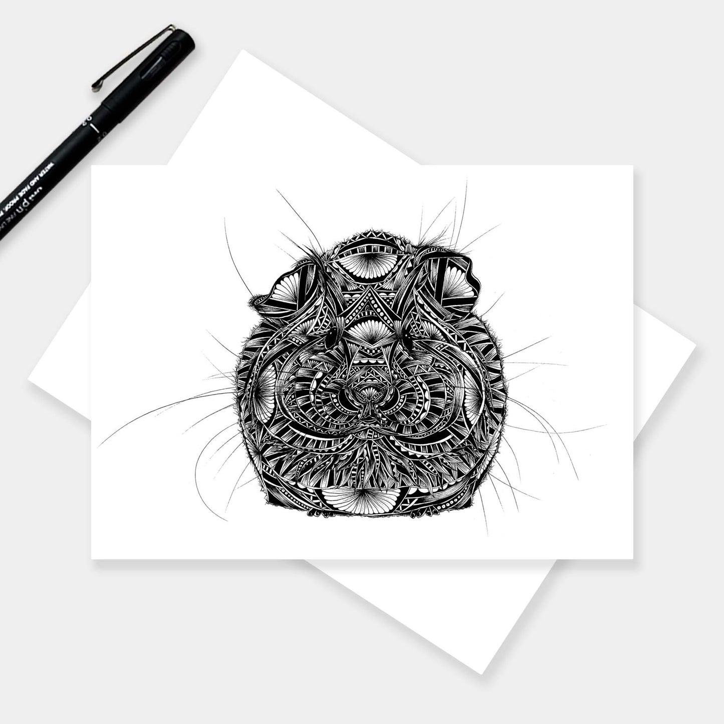 Monochrome blank guinea pig greetings card originally hand drawn in pen and ink by Pia Elliot in her Dorset studio