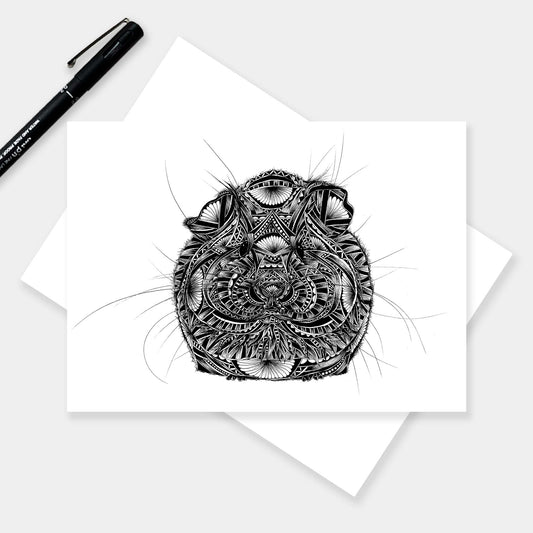 Monochrome blank guinea pig greetings card originally hand drawn in pen and ink by Pia Elliot in her Dorset studio
