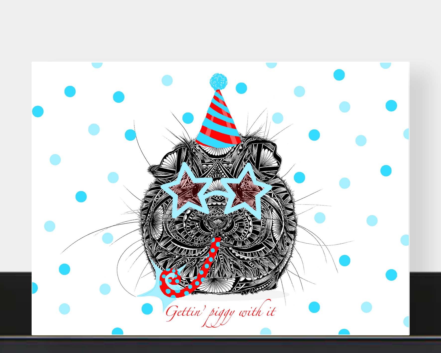 Whimsical guinea pig birthday greetings card originally hand drawn in pen and ink by Pia Elliot in her Dorset studio