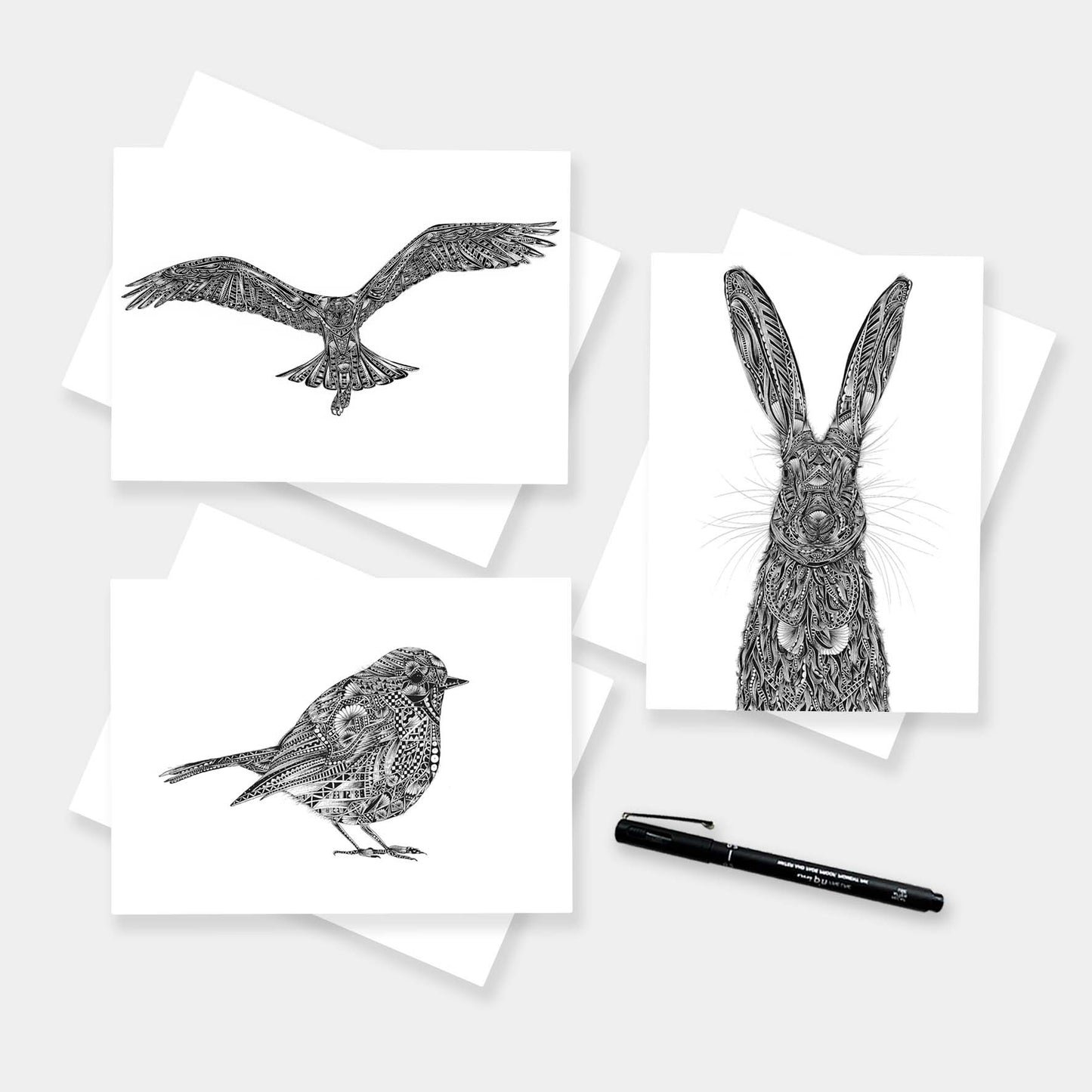 Monochrome blank wildlife greetings cards originally hand drawn in pen and ink by Pia Elliot in her Dorset studio