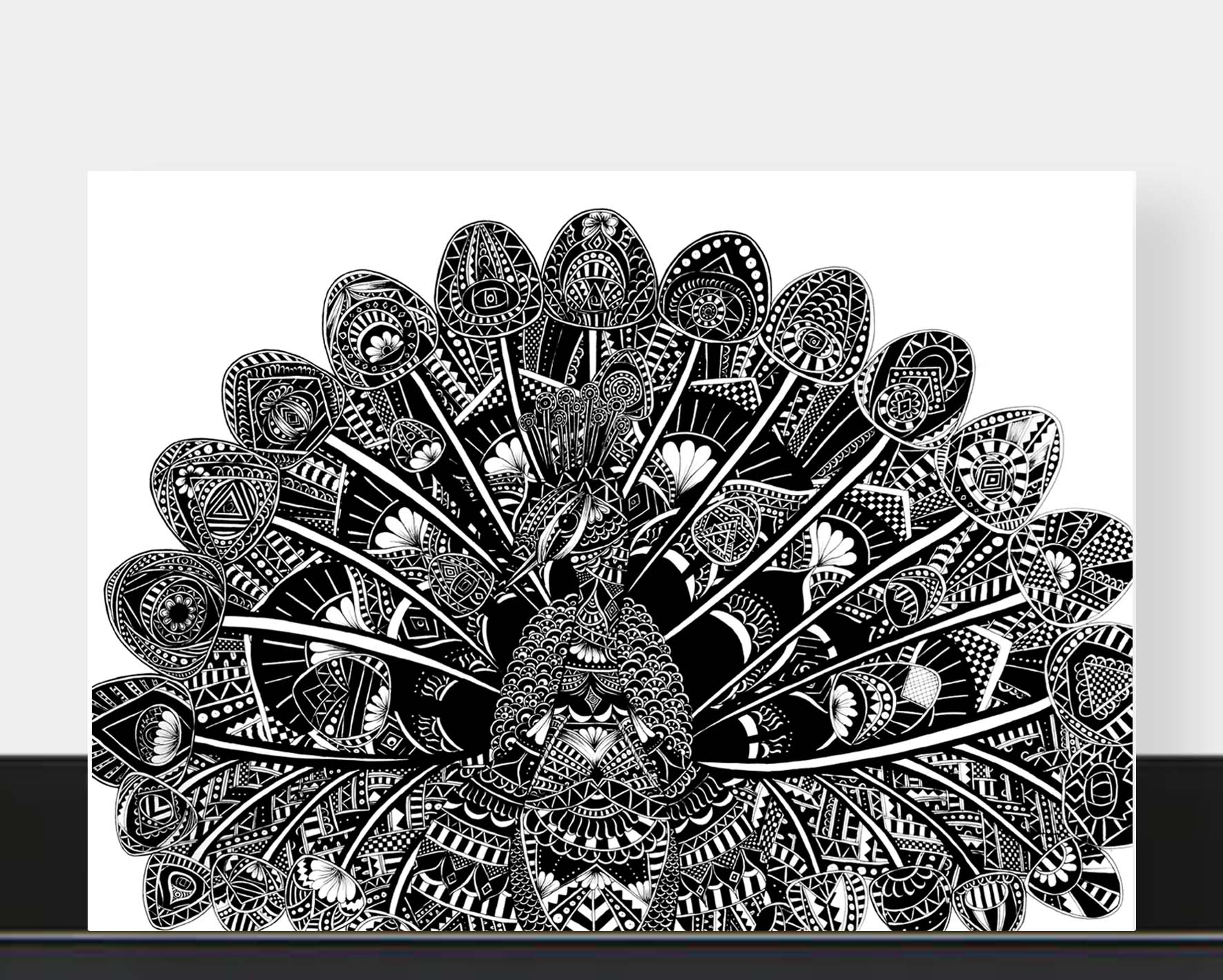 Blank peacock greetings card originally hand drawn in pen and ink by Pia Elliot in her Dorset studio