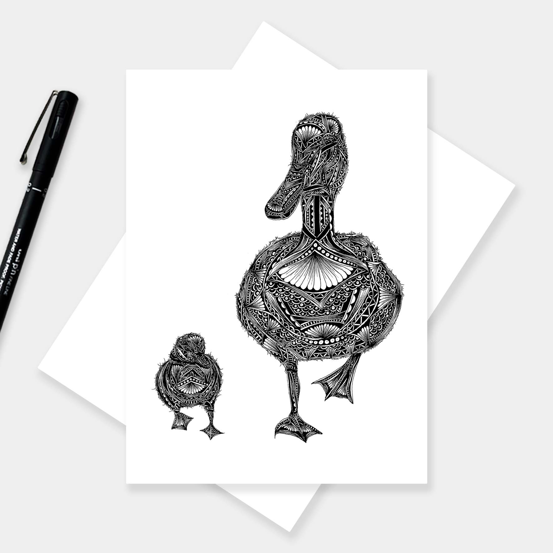 Blank duck greetings card originally hand drawn in pen and ink by Pia Elliot in her Dorset studio