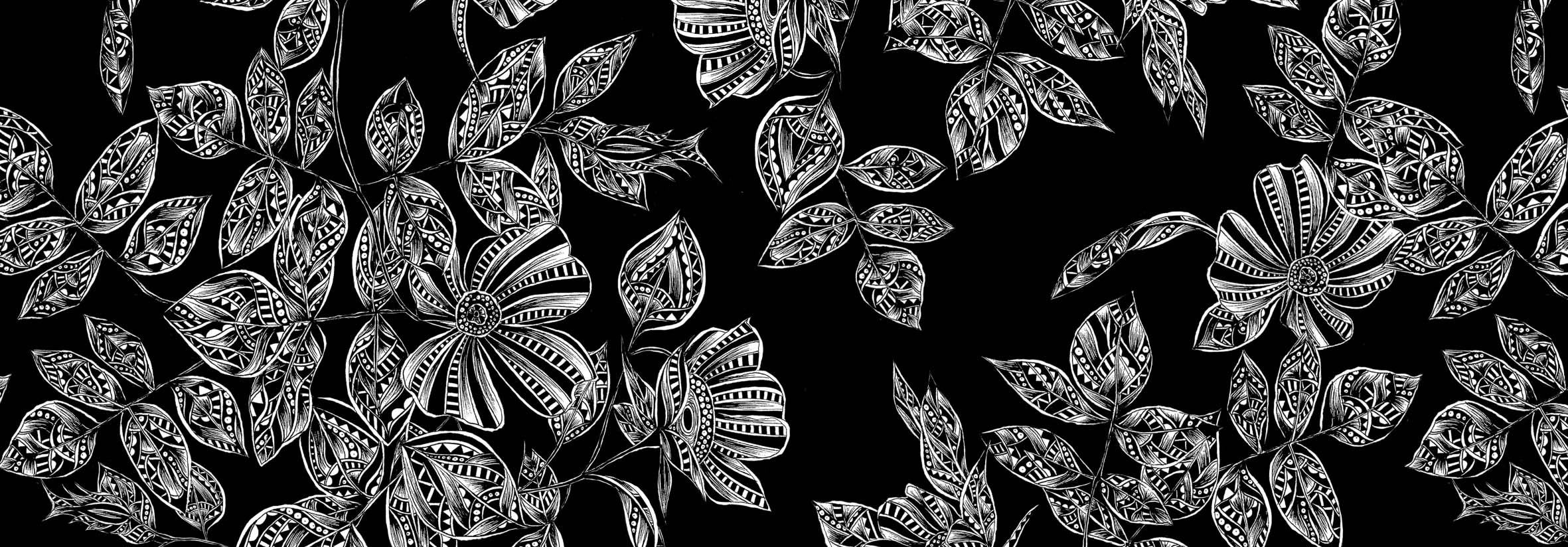 Hand drawn, pen and ink, monochrome floral artwork by Pia Elliot