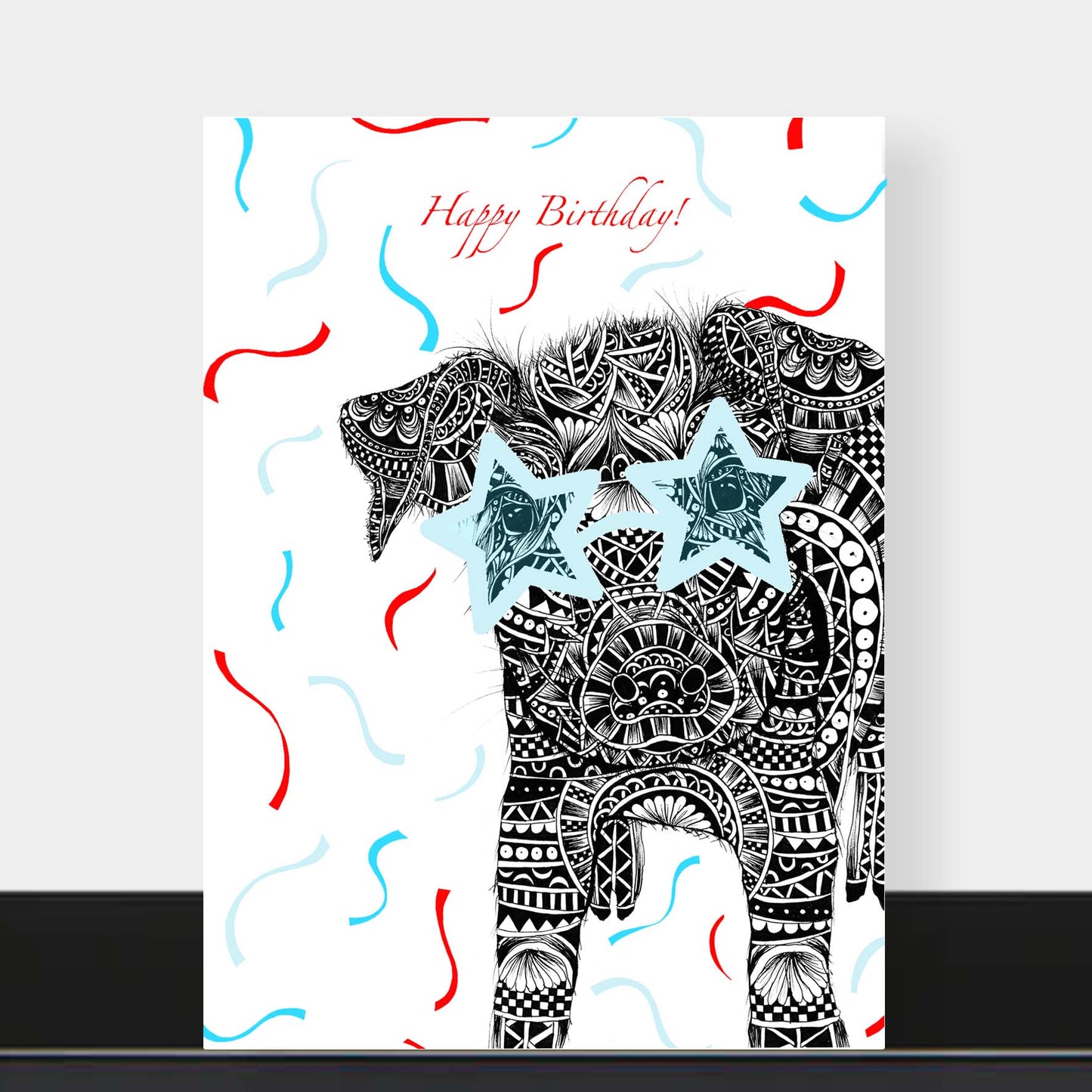 Whimsical pig birthday greetings card originally hand drawn in pen and ink by Pia Elliot in her Dorset studio