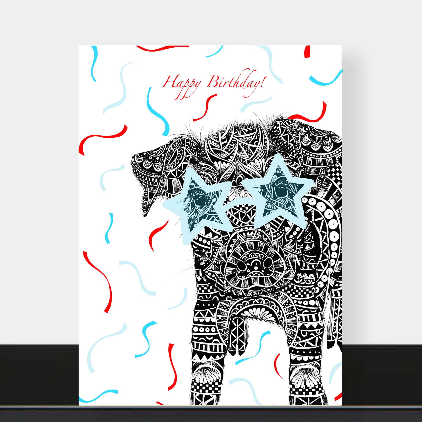 Whimsical pig birthday greetings card originally hand drawn in pen and ink by Pia Elliot in her Dorset studio