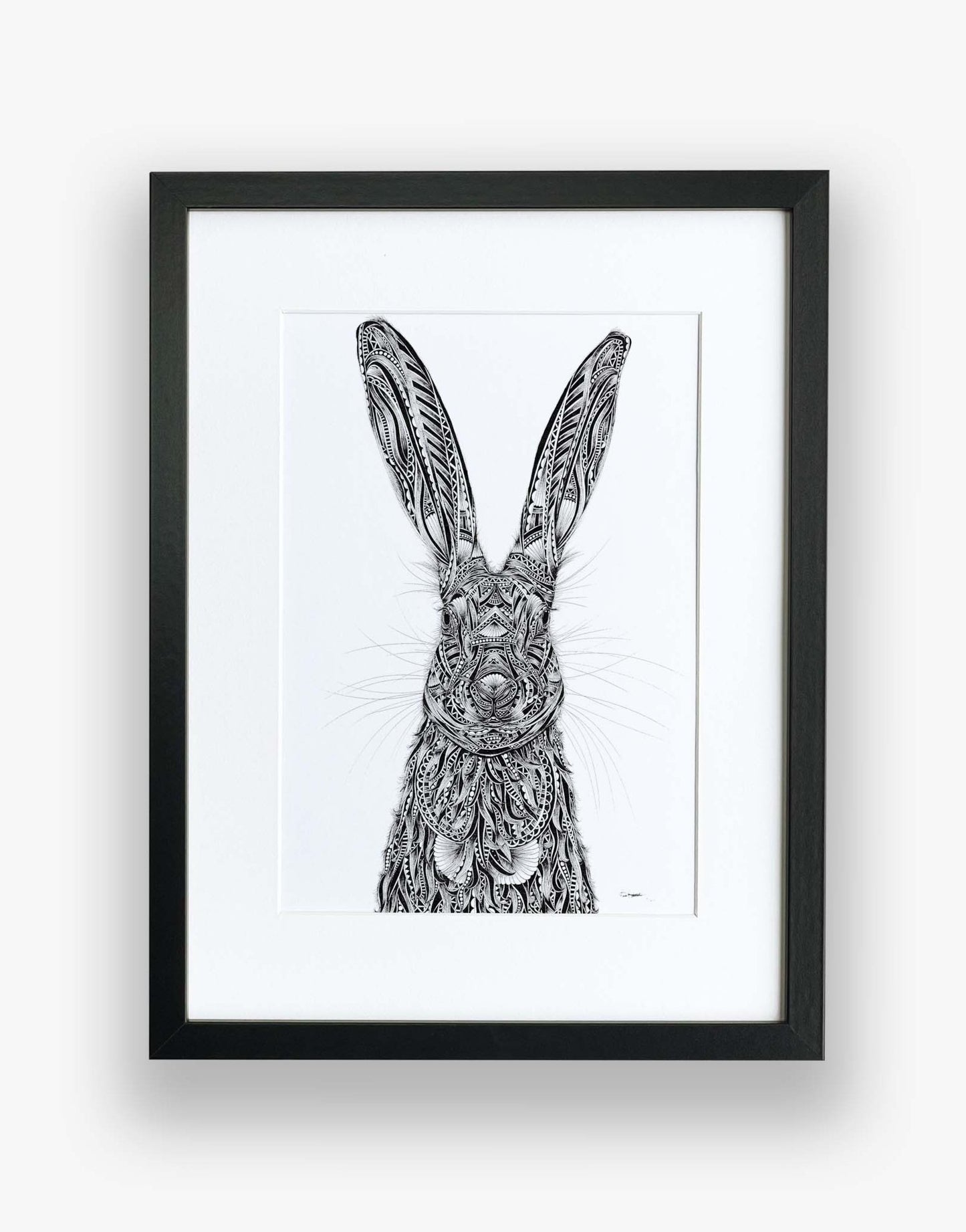 Monochrome, hare, limited edition artwork, hand drawn in pen and ink by Pia Elliot in her Dorset studio
