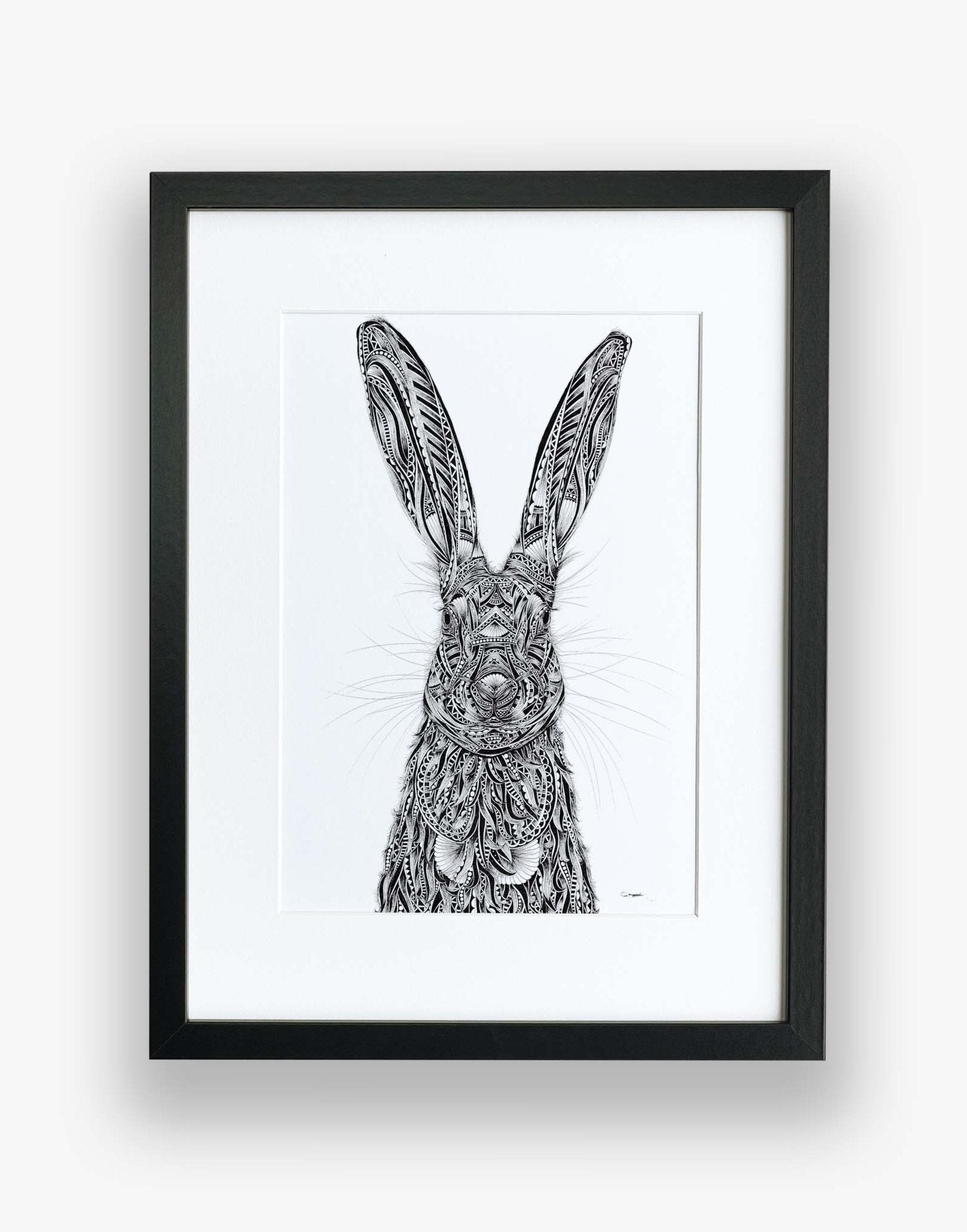 Monochrome, hare, limited edition artwork, hand drawn in pen and ink by Pia Elliot in her Dorset studio