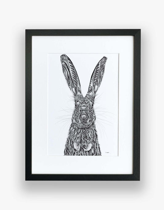 Monochrome, hare, limited edition artwork, hand drawn in pen and ink by Pia Elliot in her Dorset studio