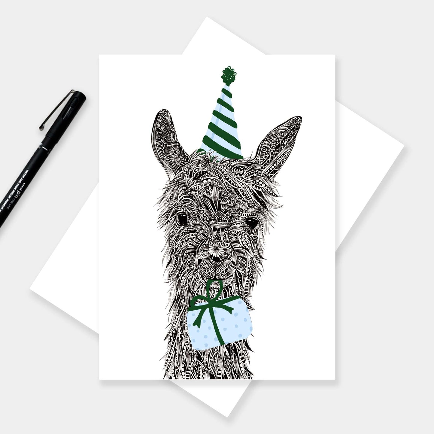 Whimsical llama birthday greetings card originally hand drawn in pen and ink by Pia Elliot in her Dorset studio