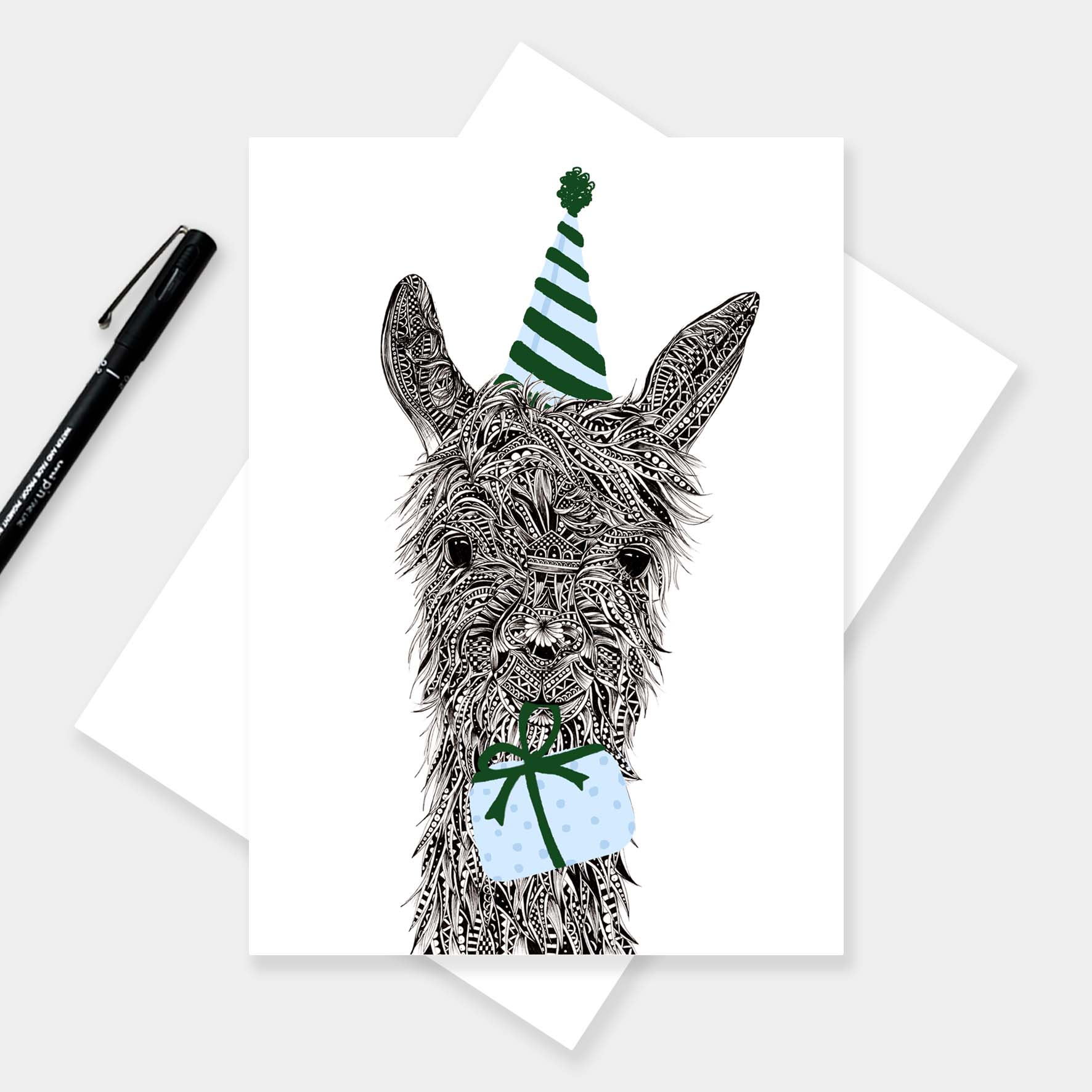 Whimsical llama birthday greetings card originally hand drawn in pen and ink by Pia Elliot in her Dorset studio