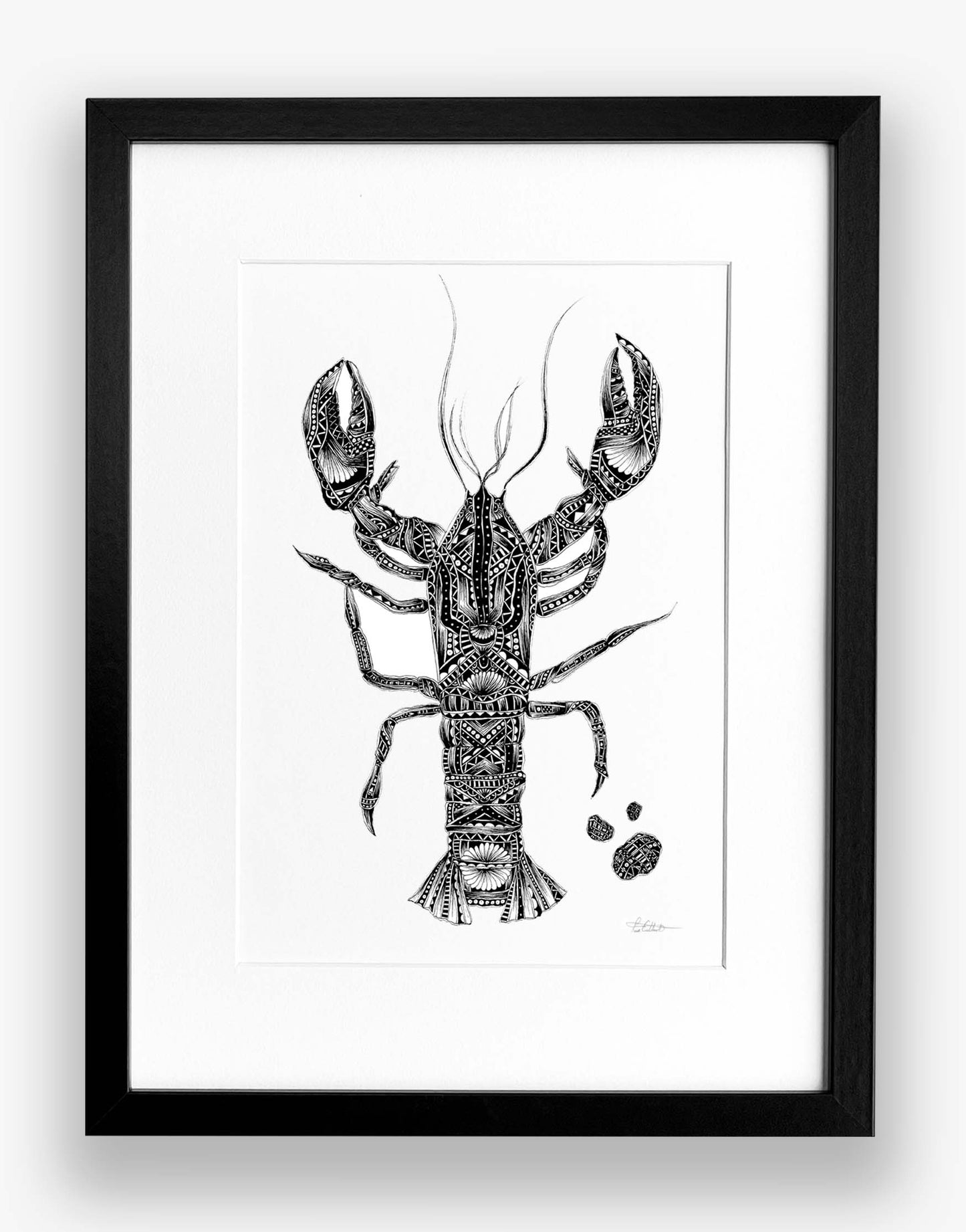 Framed black and white illustration of a lobster on a white background