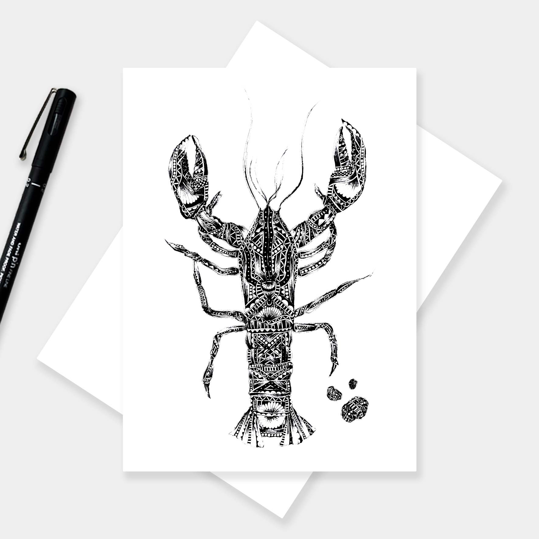 Monochrome blank lobster greetings card originally hand drawn in pen and ink by Pia Elliot in her Dorset studio