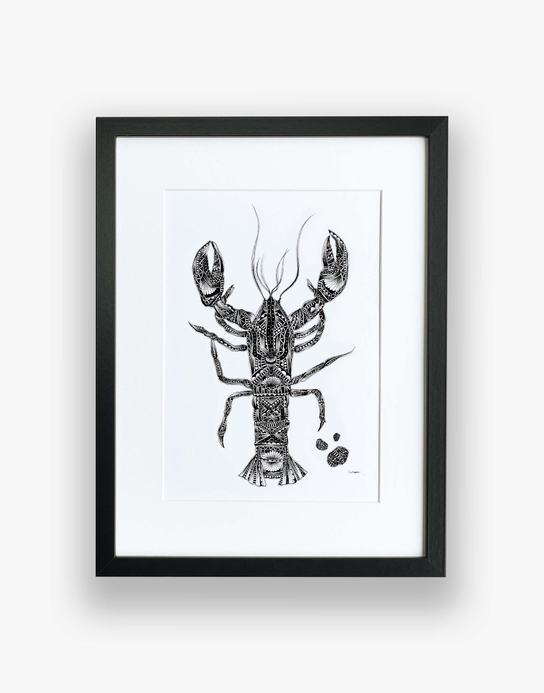 Monochrome, lobster, limited edition artwork, hand drawn in pen and ink by Pia Elliot in her Dorset studio