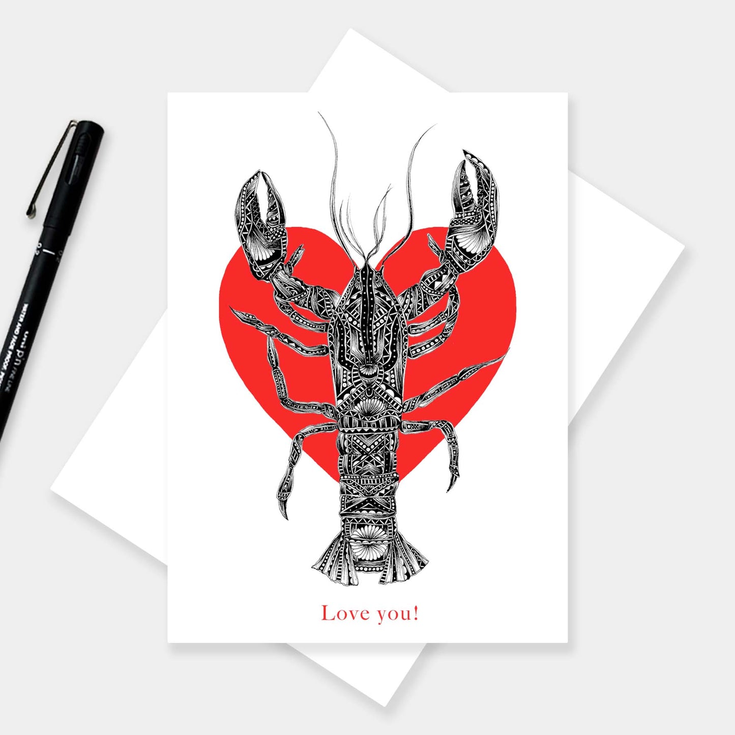 Lobster love greetings card originally hand drawn in pen and ink by Pia Elliot in her Dorset studio