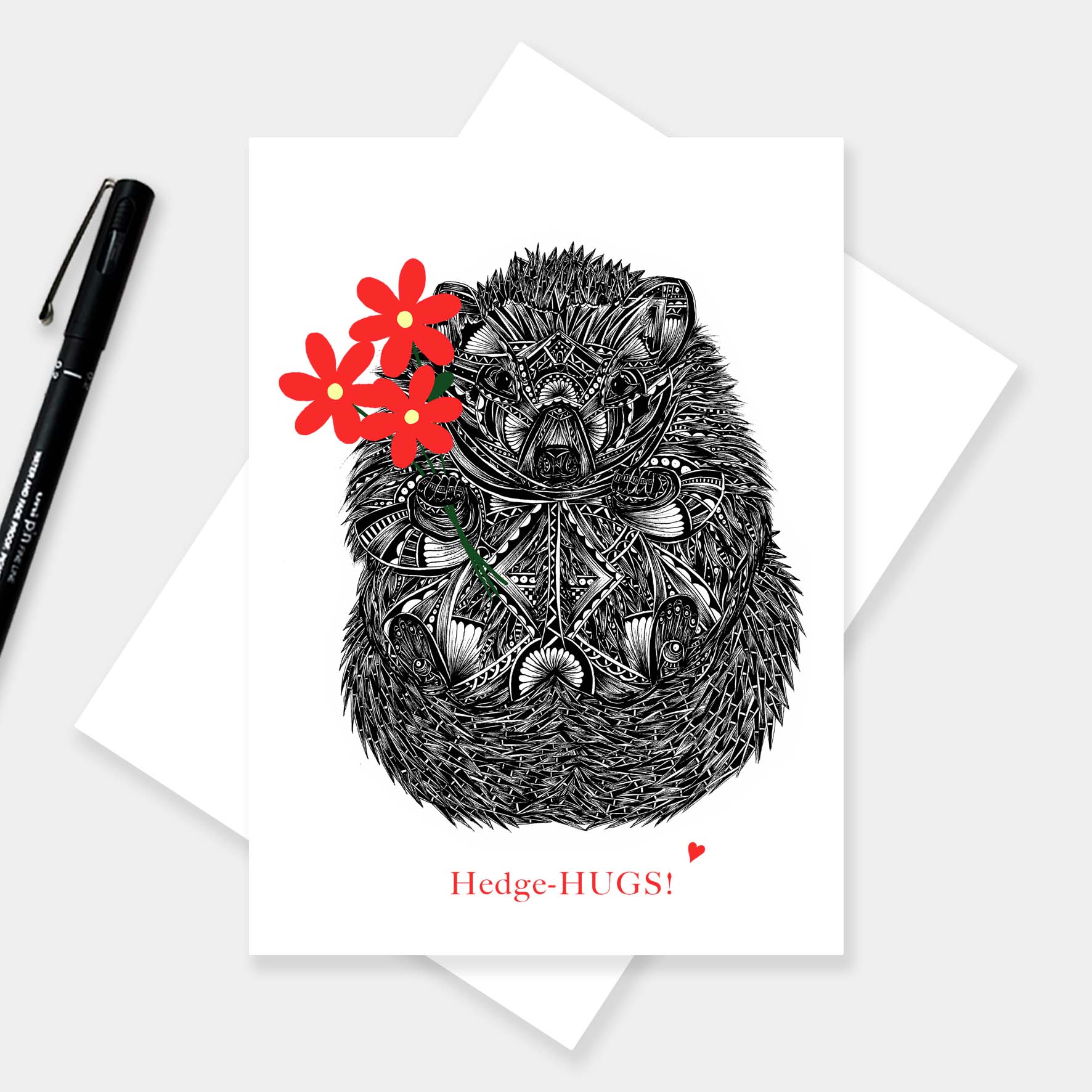 Hedgehog love greetings card originally hand drawn in pen and ink by Pia Elliot in her Dorset studio