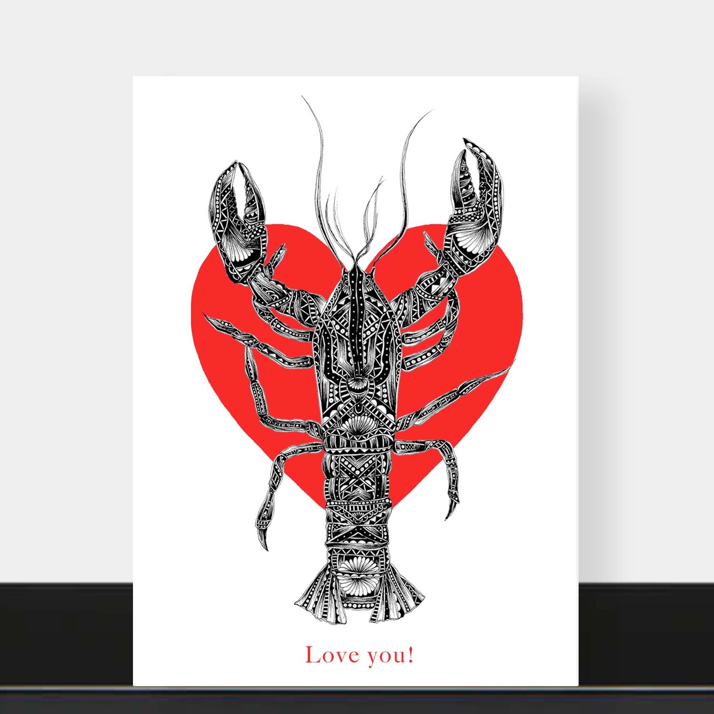 Lobster love greetings card originally hand drawn in pen and ink by Pia Elliot in her Dorset studio