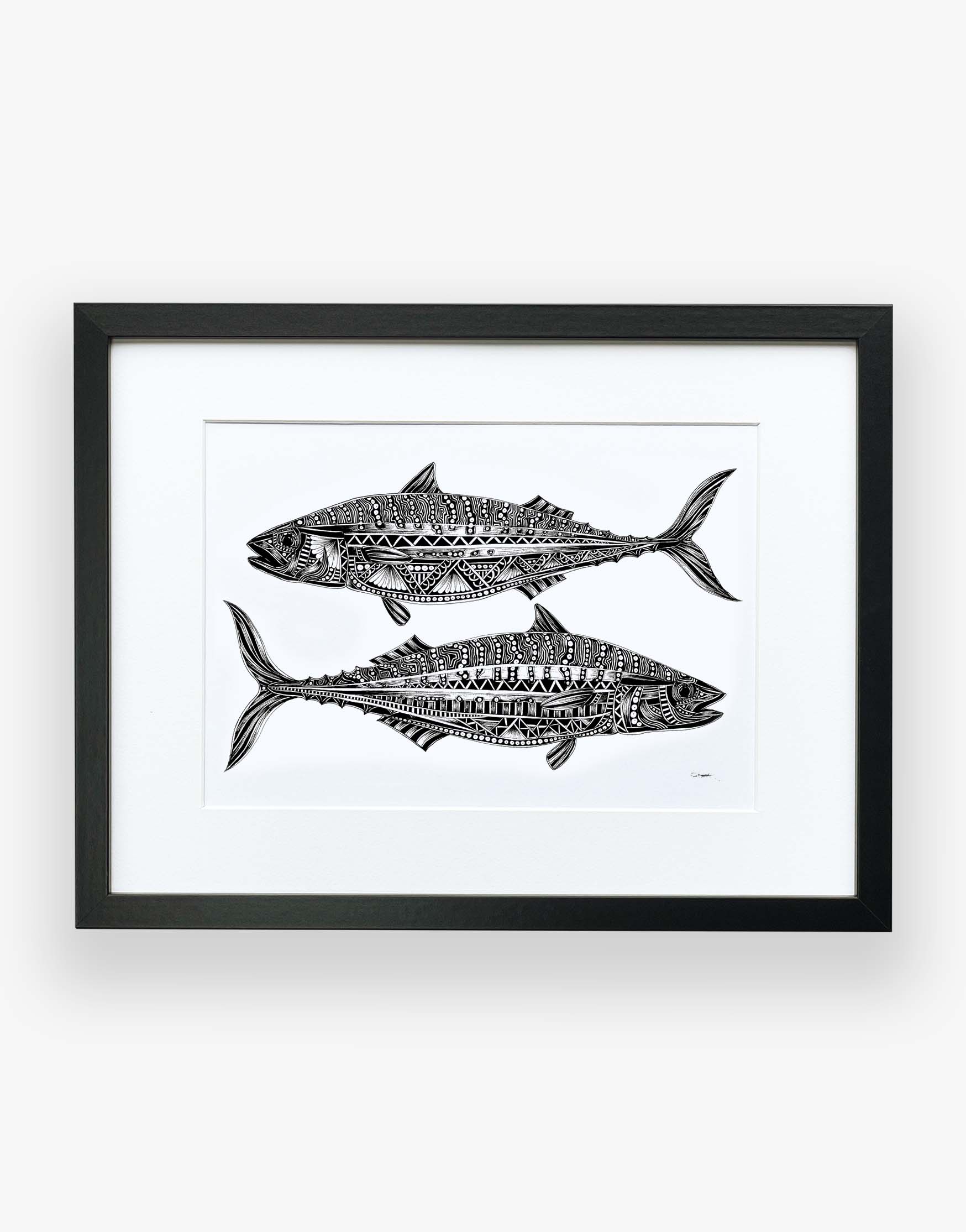 Monochrome, mackerel fish, limited edition artwork, hand drawn in pen and ink by Pia Elliot in her Dorset studio