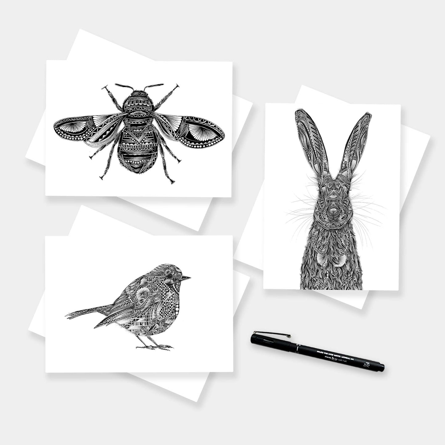 Monochrome blank wildlife greetings cards originally hand drawn in pen and ink by Pia Elliot in her Dorset studio