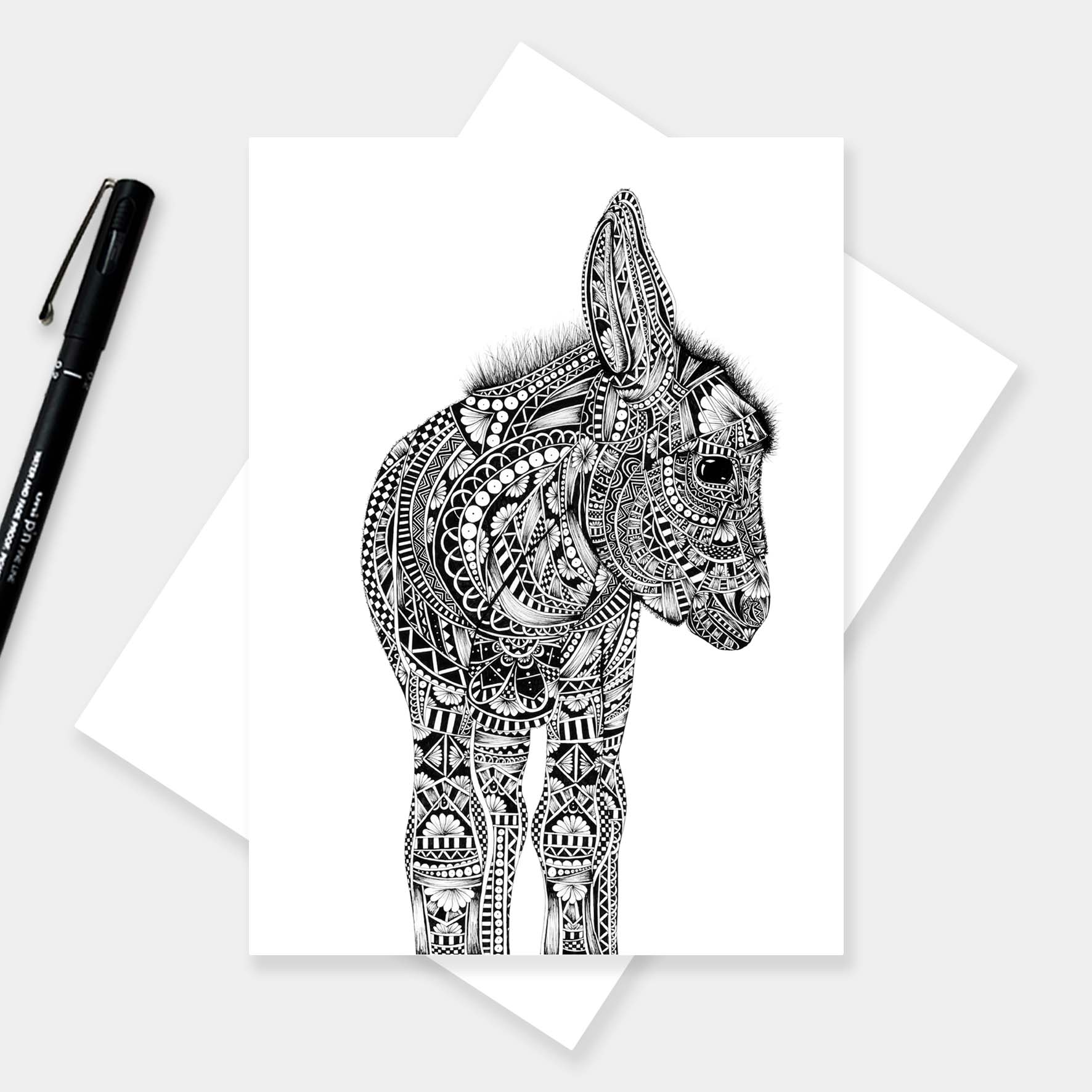 Monochrome blank donkey greetings card originally hand drawn in pen and ink by Pia Elliot in her Dorset studio