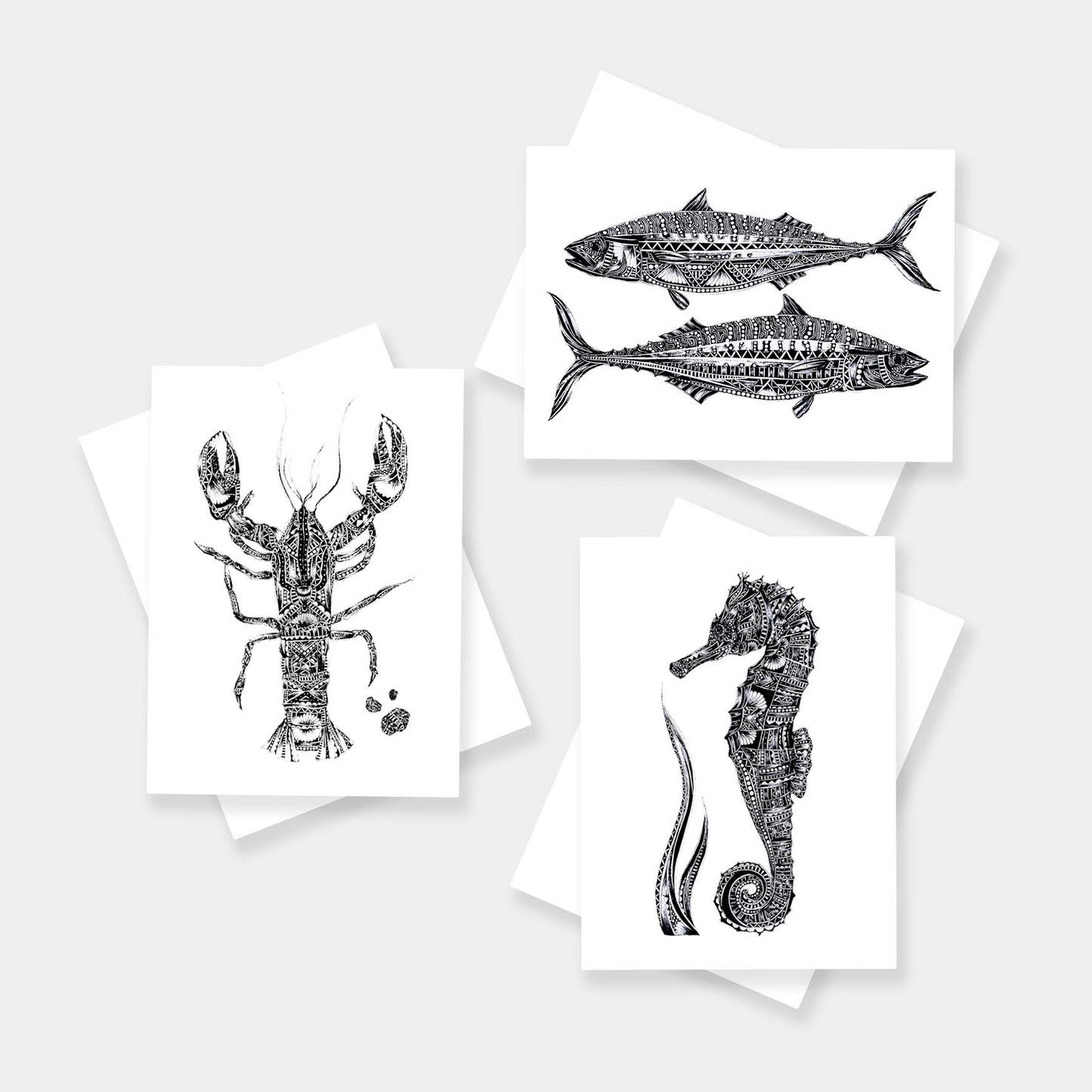Monochrome blank sea animal greetings cards originally hand drawn in pen and ink by Pia Elliot in her Dorset studio