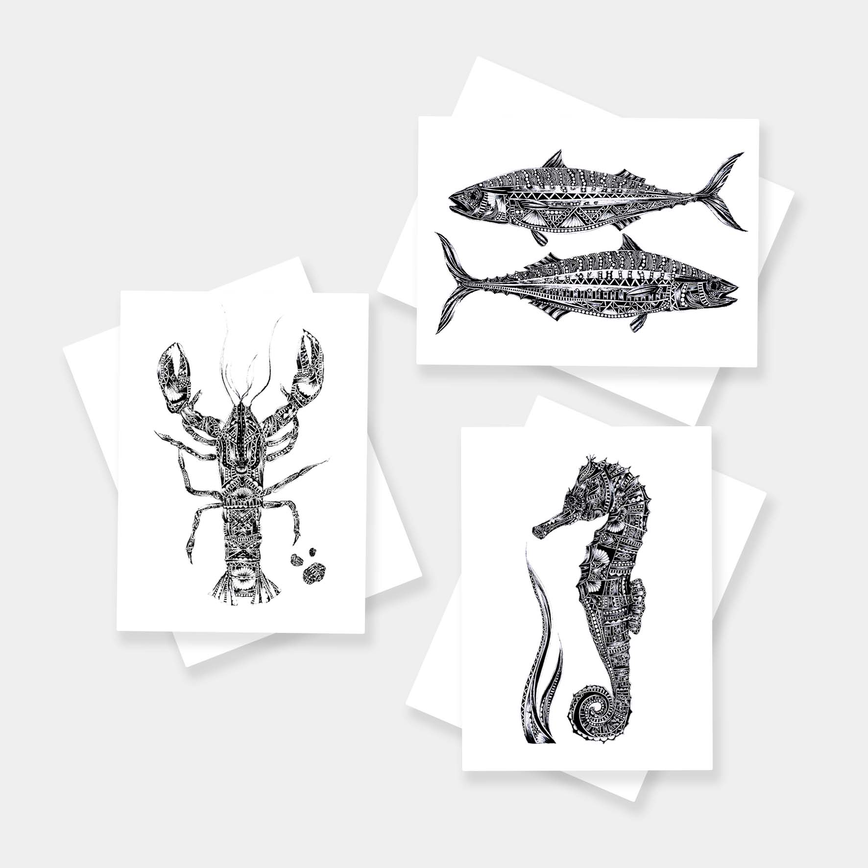 Monochrome blank sea animal greetings cards originally hand drawn in pen and ink by Pia Elliot in her Dorset studio