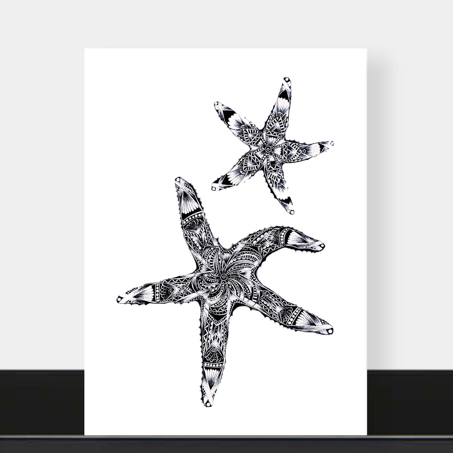 Monochrome blank starfish greetings card originally hand drawn in pen and ink by Pia Elliot in her Dorset studio