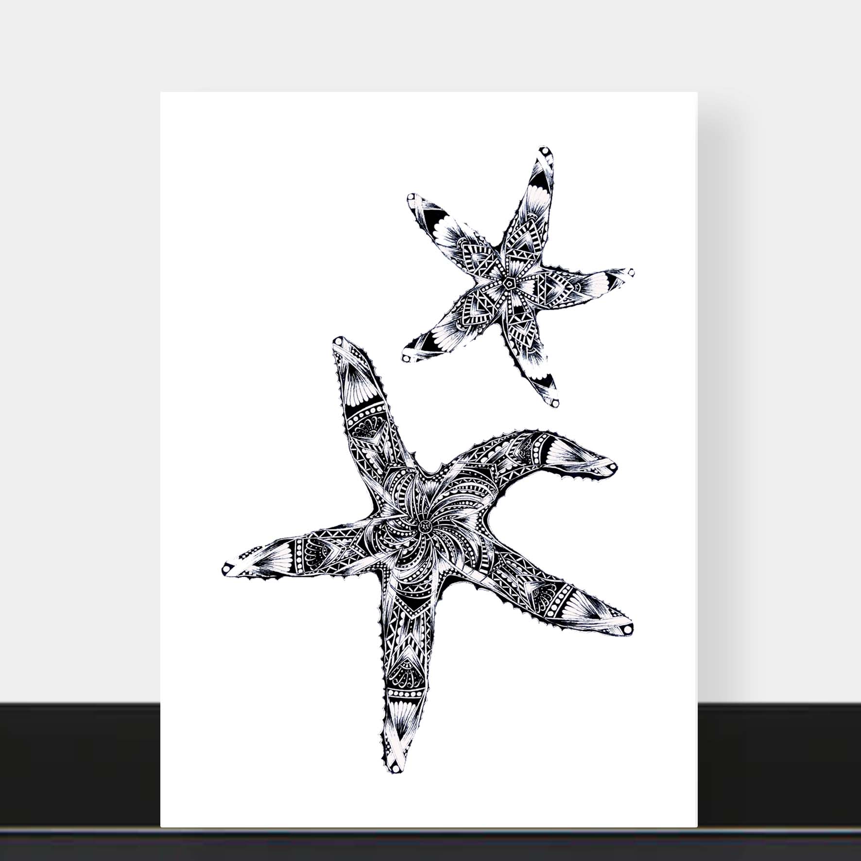 Monochrome blank starfish greetings card originally hand drawn in pen and ink by Pia Elliot in her Dorset studio