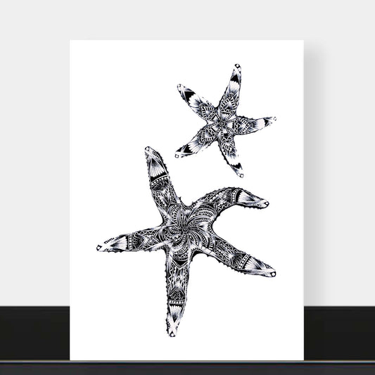 Monochrome blank starfish greetings card originally hand drawn in pen and ink by Pia Elliot in her Dorset studio