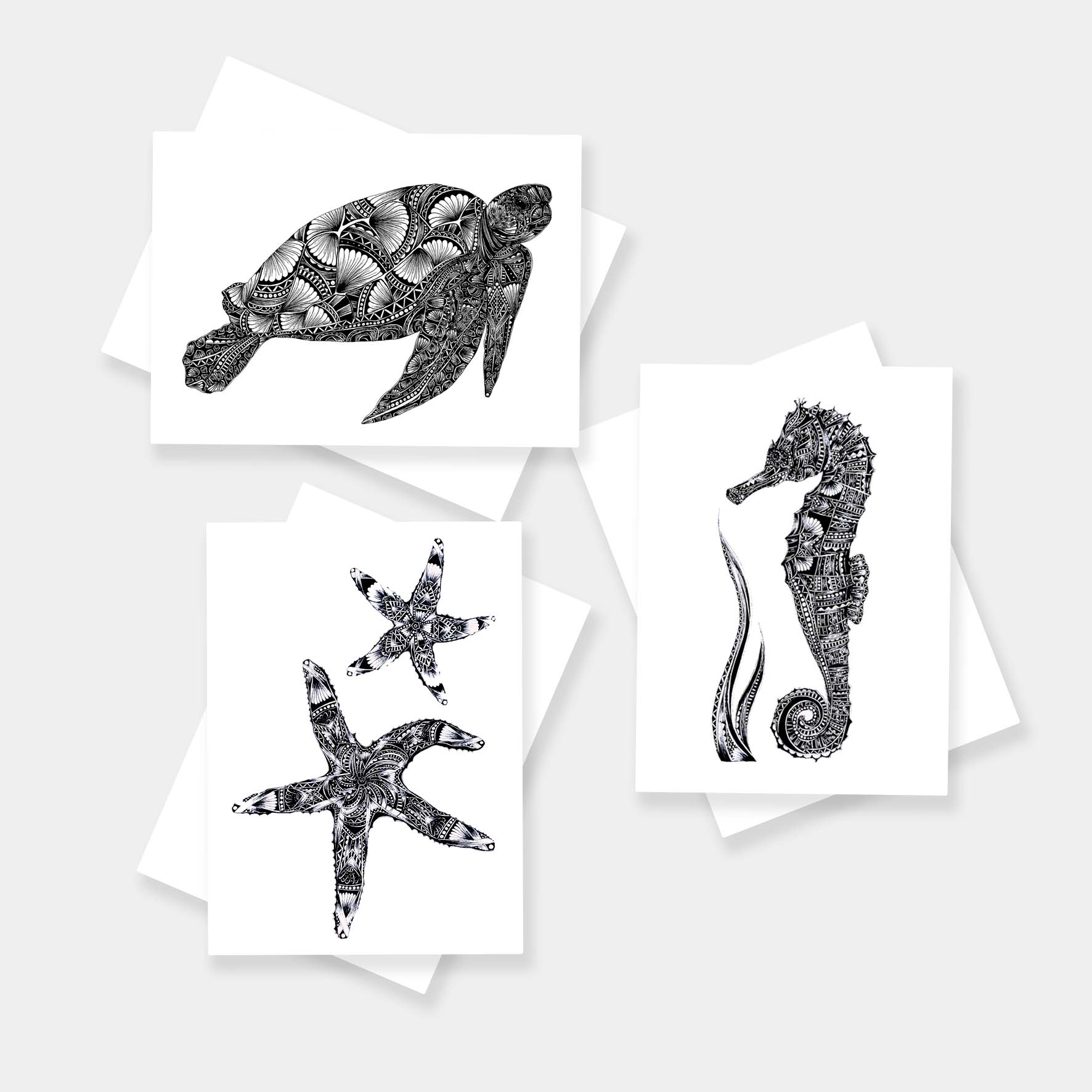 Monochrome blank wildlife greetings cards originally hand drawn in pen and ink by Pia Elliot in her Dorset studio