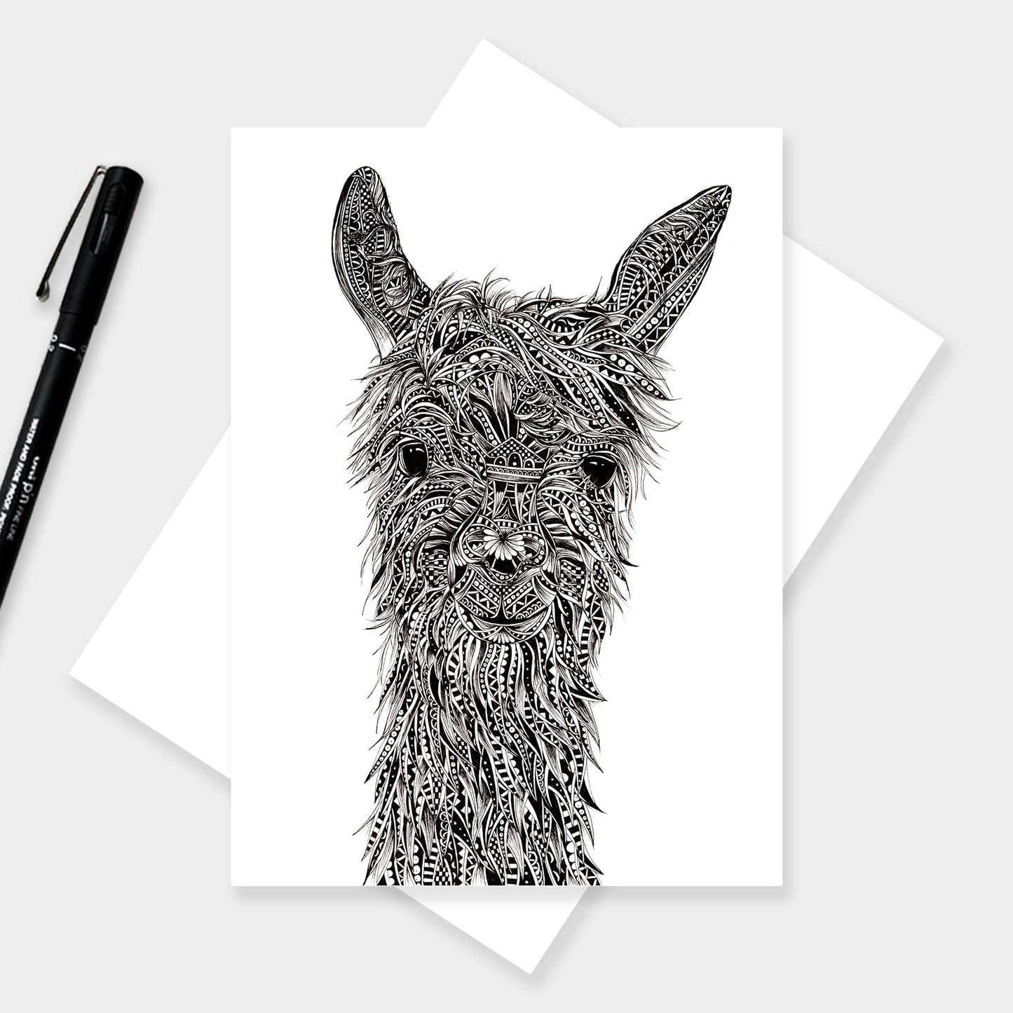 Monochrome blank llama greetings card originally hand drawn in pen and ink by Pia Elliot in her Dorset studio