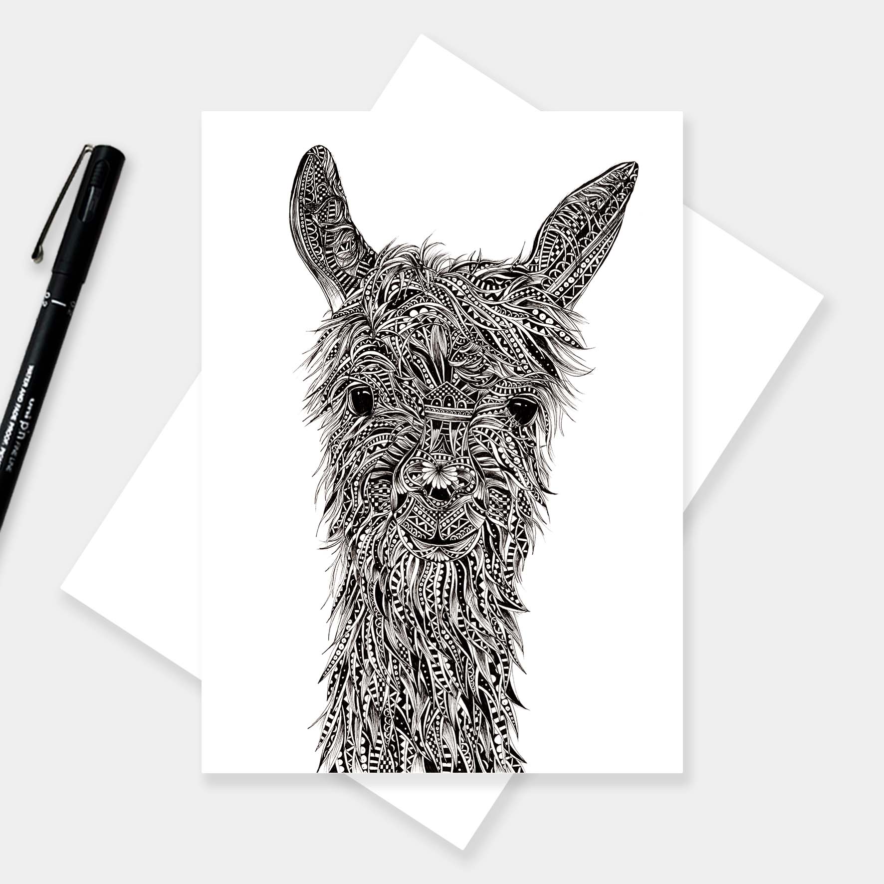 Monochrome blank llama greetings card originally hand drawn in pen and ink by Pia Elliot in her Dorset studio