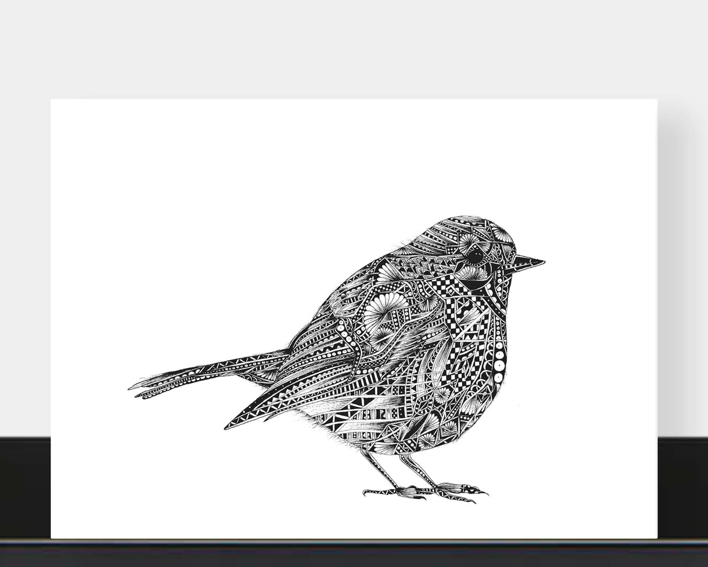 Monochrome blank robin greetings card originally hand drawn in pen and ink by Pia Elliot in her Dorset studio
