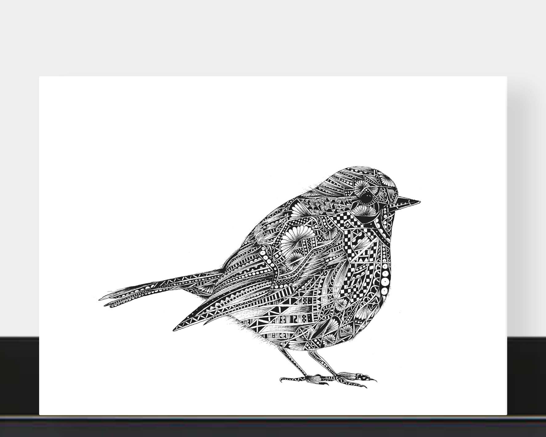 Monochrome blank robin greetings card originally hand drawn in pen and ink by Pia Elliot in her Dorset studio