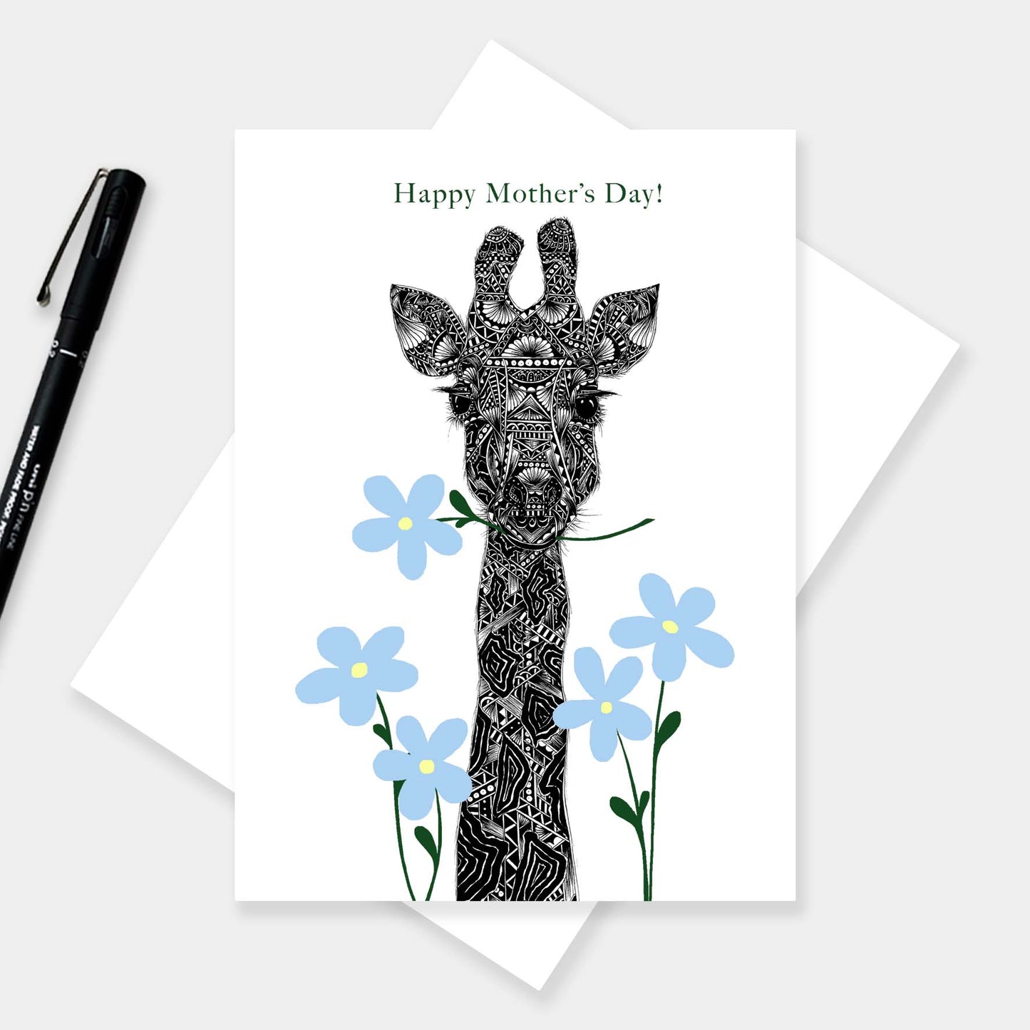 Whimsical giraffe Mothers Day greetings card originally hand drawn in pen and ink by Pia Elliot in her Dorset studio