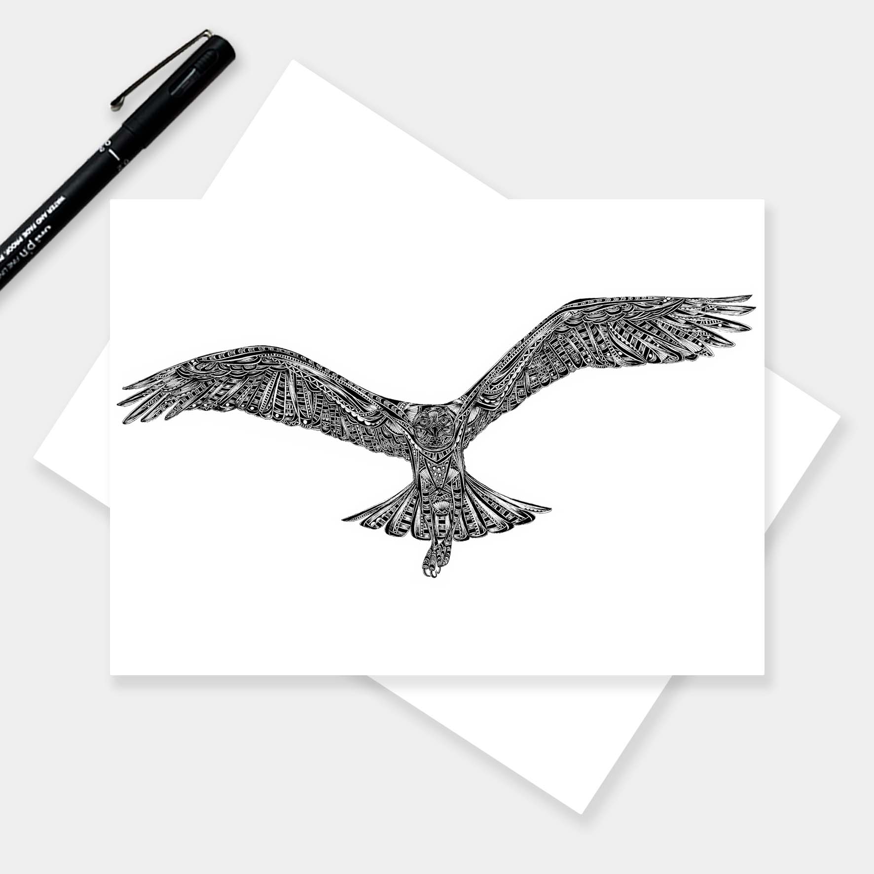 Monochrome blank osprey greetings card originally hand drawn in pen and ink by Pia Elliot in her Dorset studio