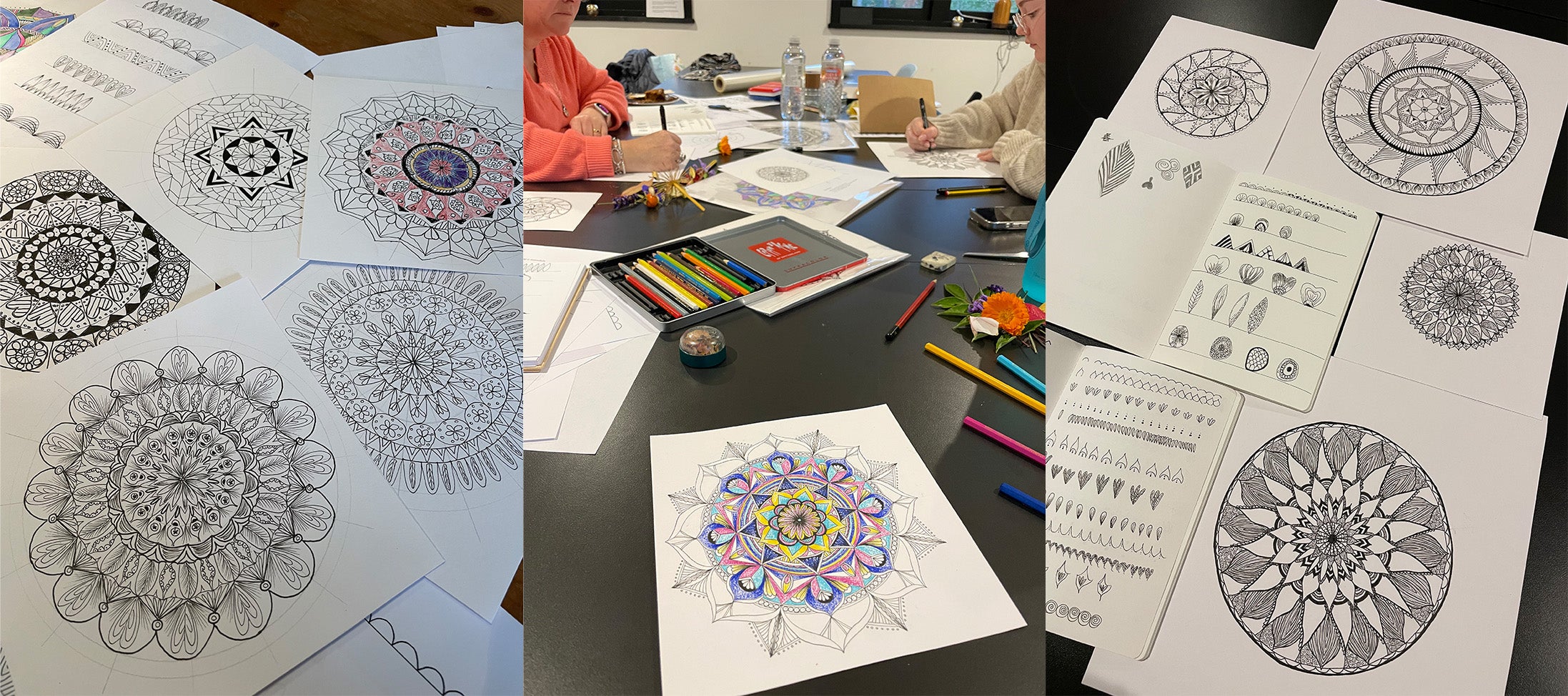Hand drawn, pen and ink mandala artworks from Dorset workshops