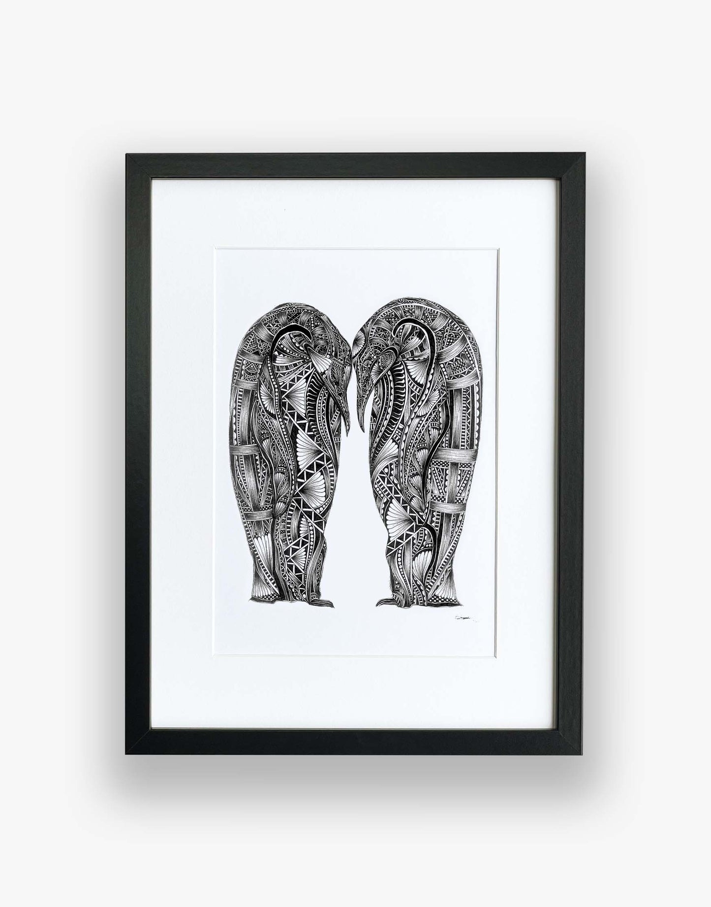 Monochrome, penguin pair, limited edition artwork, hand drawn in pen and ink by Pia Elliot in her Dorset studio
