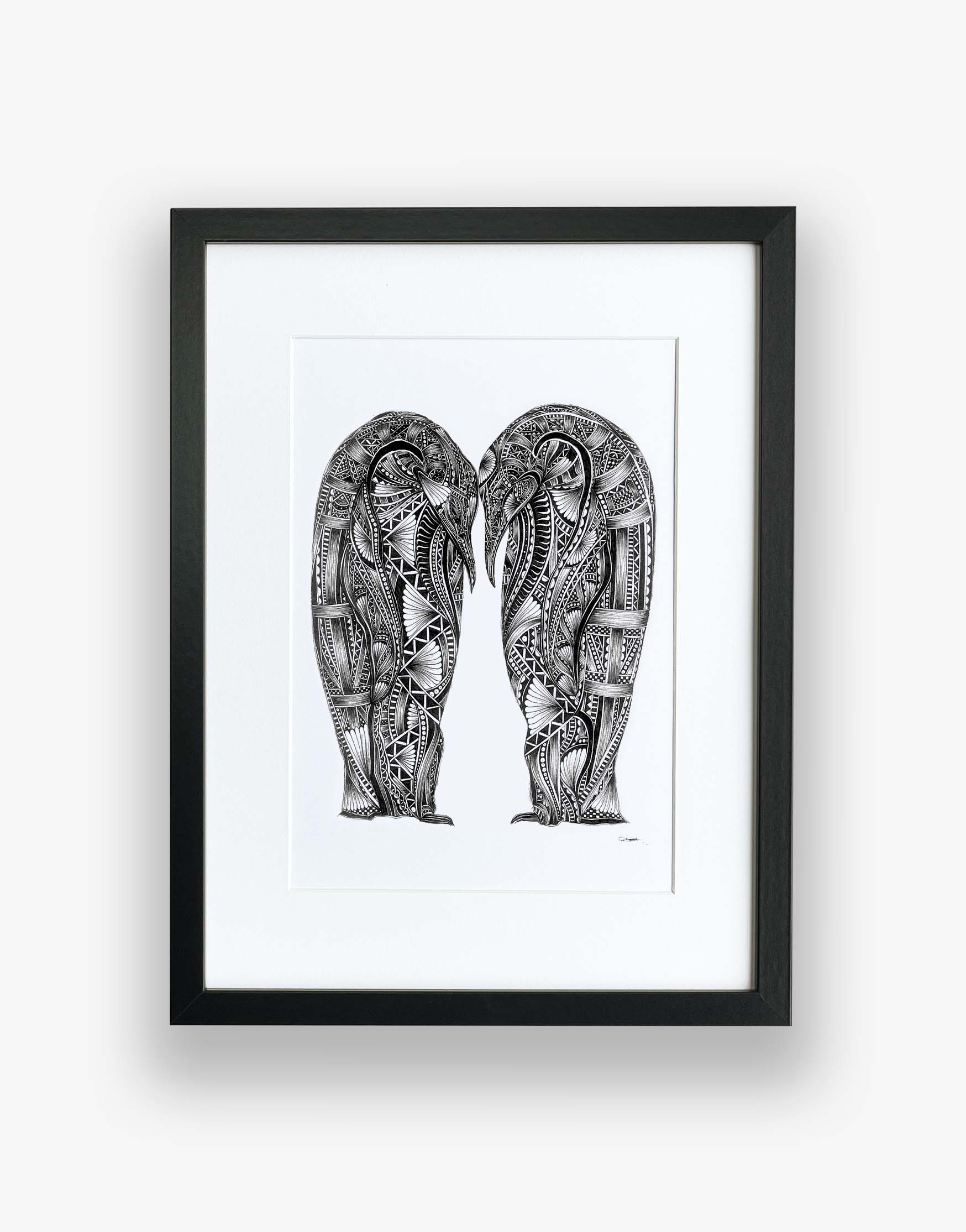 Monochrome, penguin pair, limited edition artwork, hand drawn in pen and ink by Pia Elliot in her Dorset studio