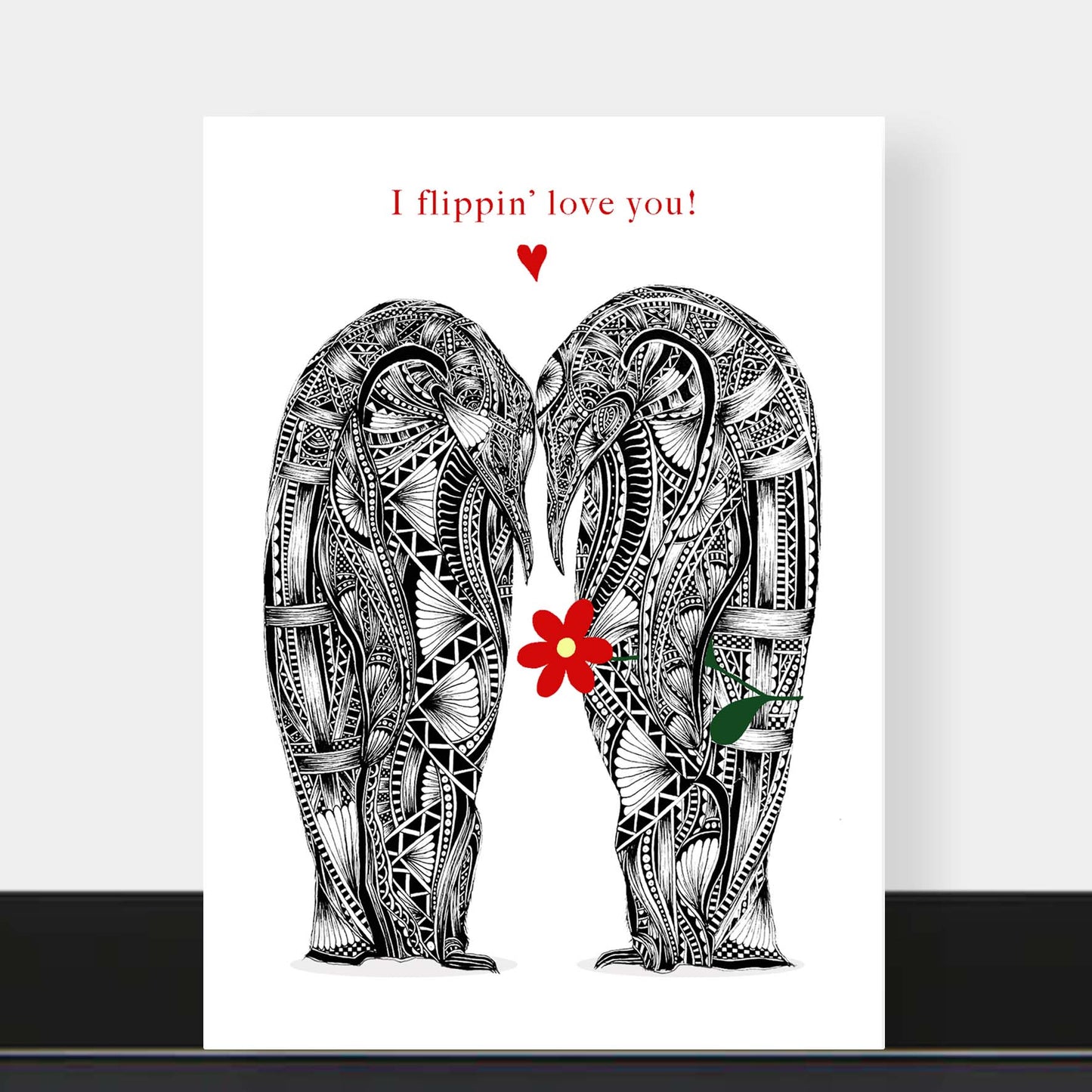 Penguin pair love/ anniversary greetings card originally hand drawn in pen and ink by Pia Elliot in her Dorset studio