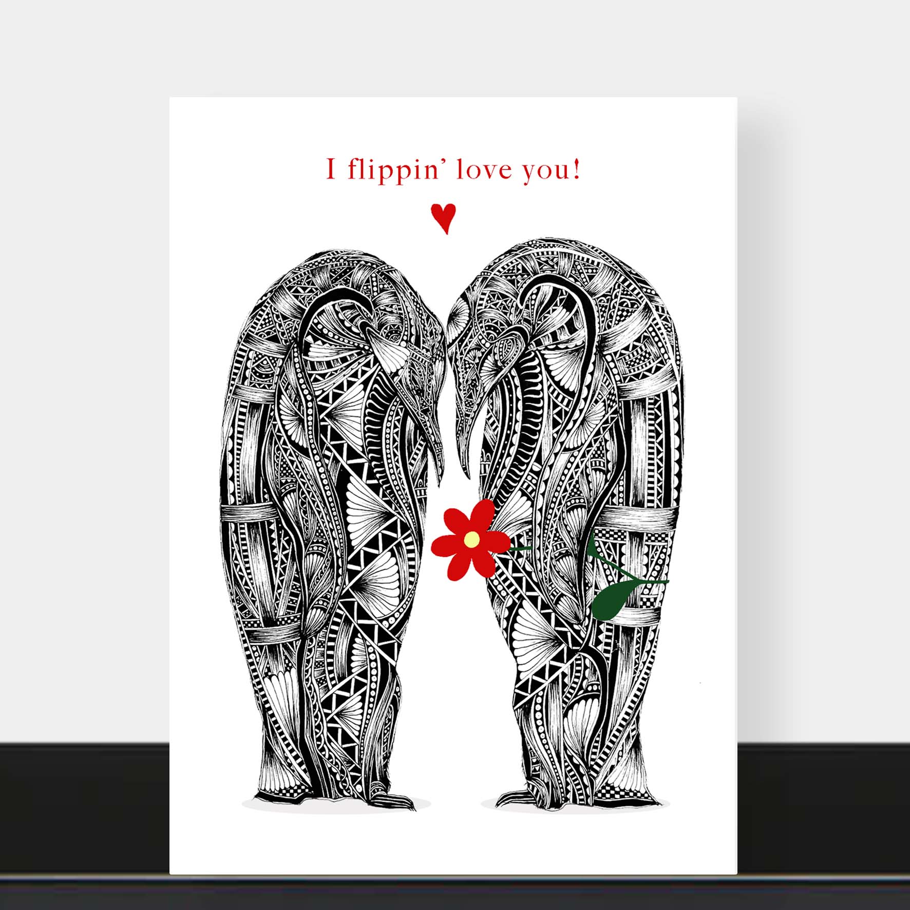 Penguin pair love/ anniversary greetings card originally hand drawn in pen and ink by Pia Elliot in her Dorset studio