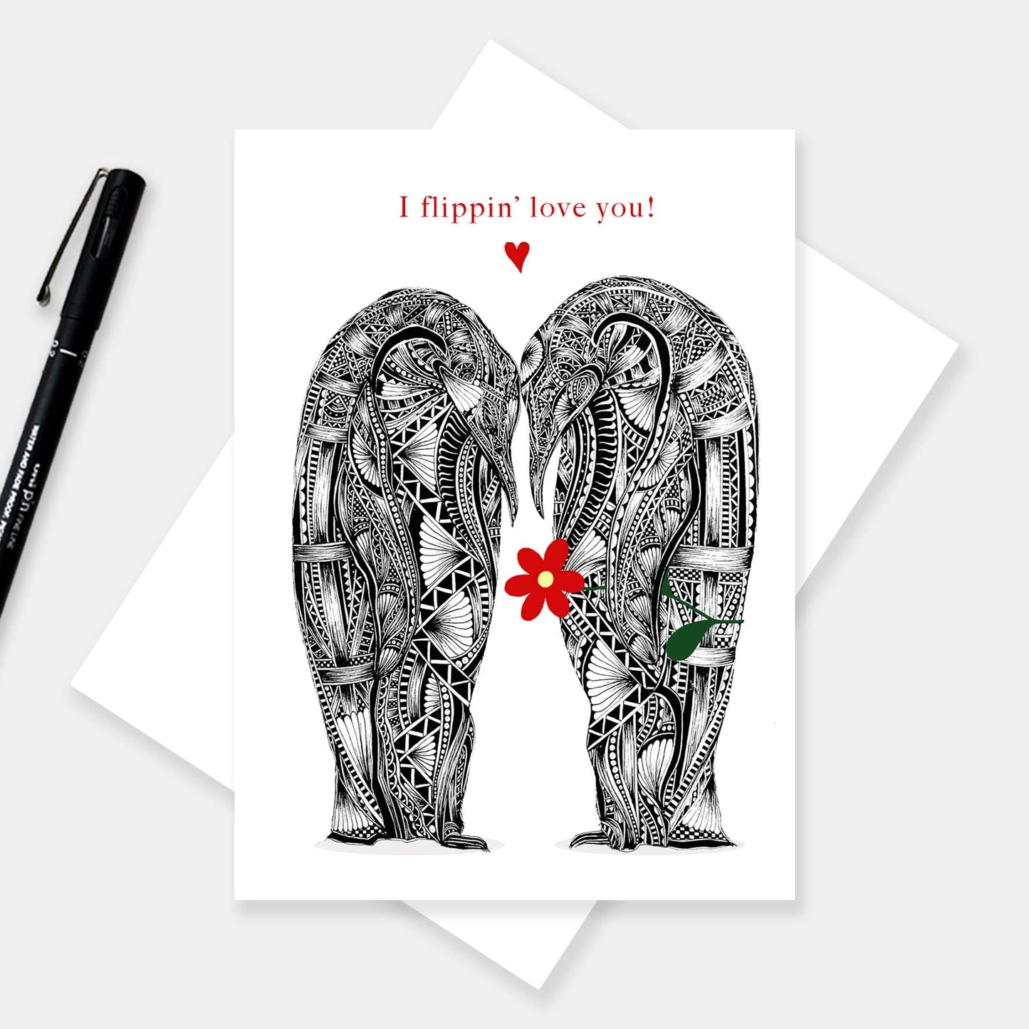 Penguins love/ anniversary greetings card originally hand drawn in pen and ink by Pia Elliot in her Dorset studio