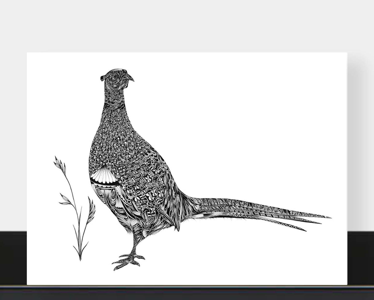 A black and white art print of a detailed pheasant bird illustration with a long tail, displayed against a light gray background with a black base.