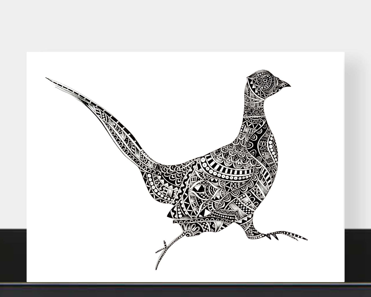 Monochrome blank pheasant greetings card originally hand drawn in pen and ink by Pia Elliot in her Dorset studio