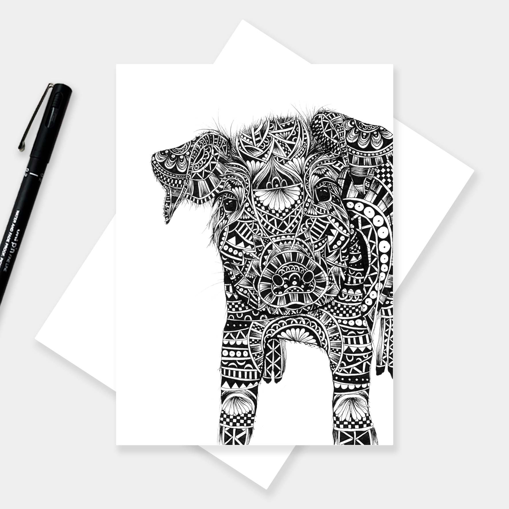Monochrome blank pig greetings card originally hand drawn in pen and ink by Pia Elliot in her Dorset studio