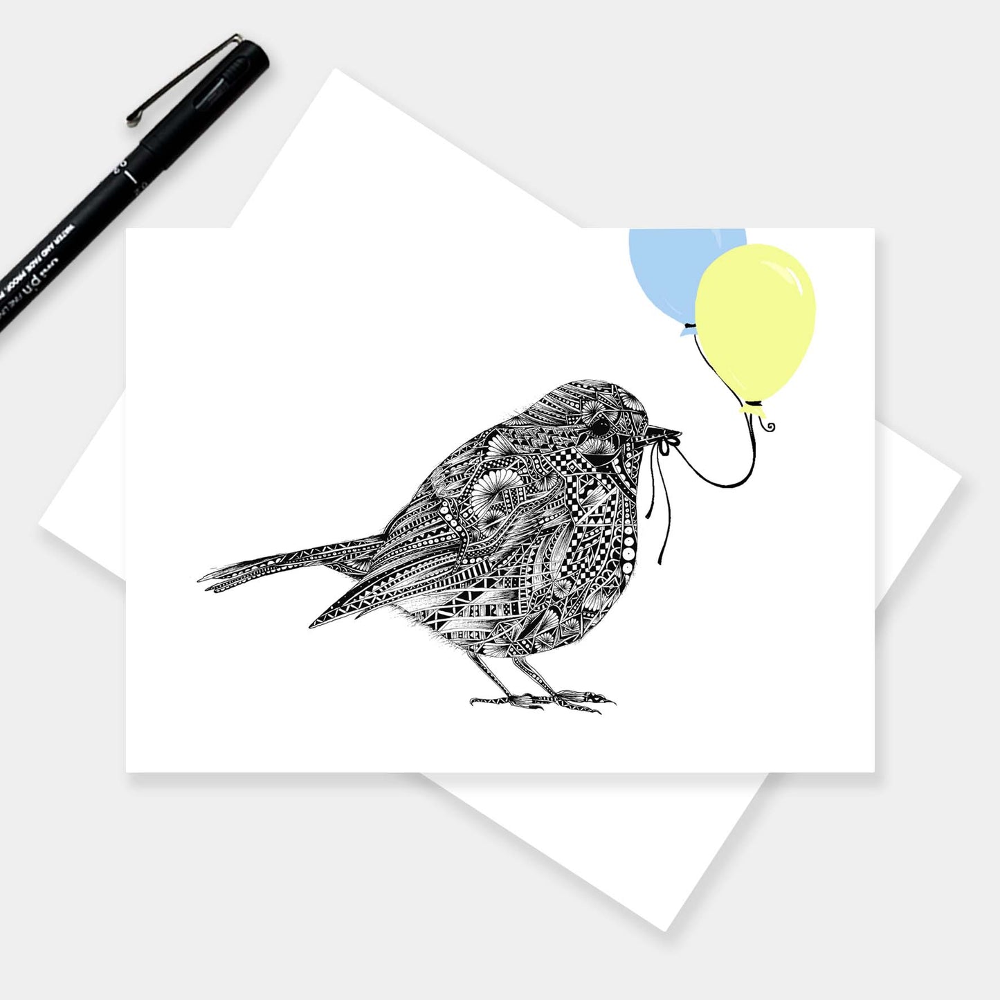 Robin celebration greetings card originally hand drawn in pen and ink by Pia Elliot in her Dorset studio