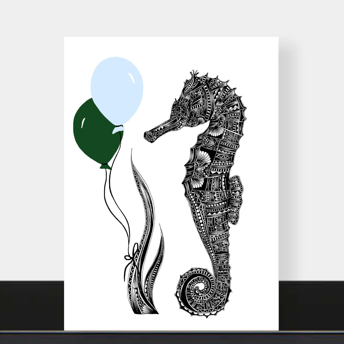 Whimsical seahorse birthday greetings card originally hand drawn in pen and ink by Pia Elliot in her Dorset studio