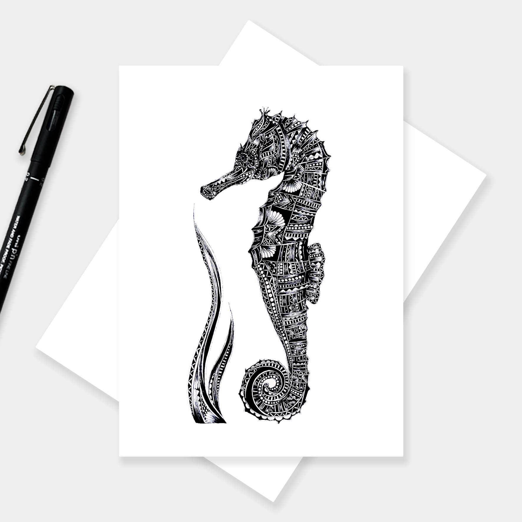 Monochrome blank seahorse greetings card originally hand drawn in pen and ink by Pia Elliot in her Dorset studio