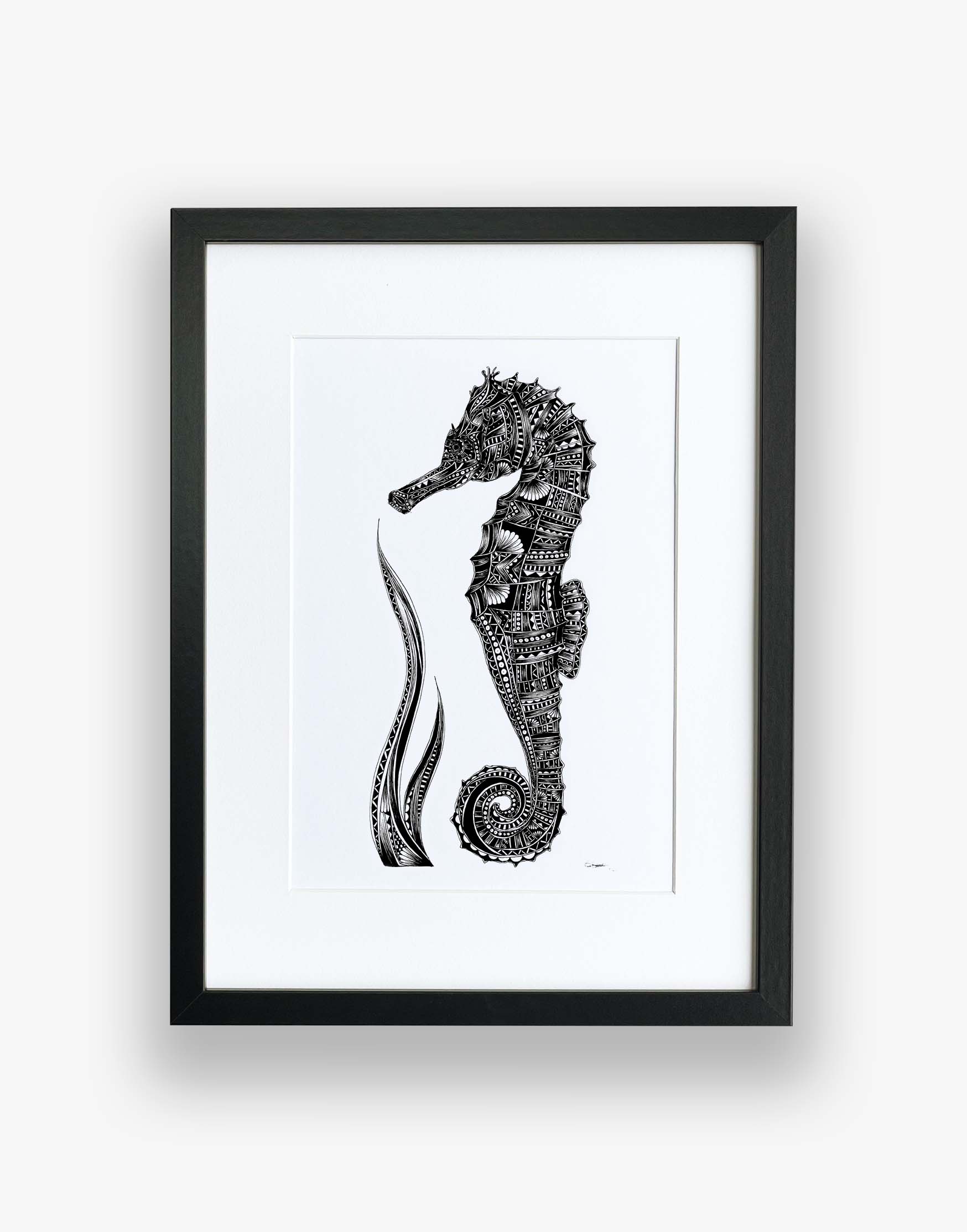 Monochrome, seahorse, limited edition artwork in black frame, hand drawn in pen and ink by Pia Elliot in her Dorset studio